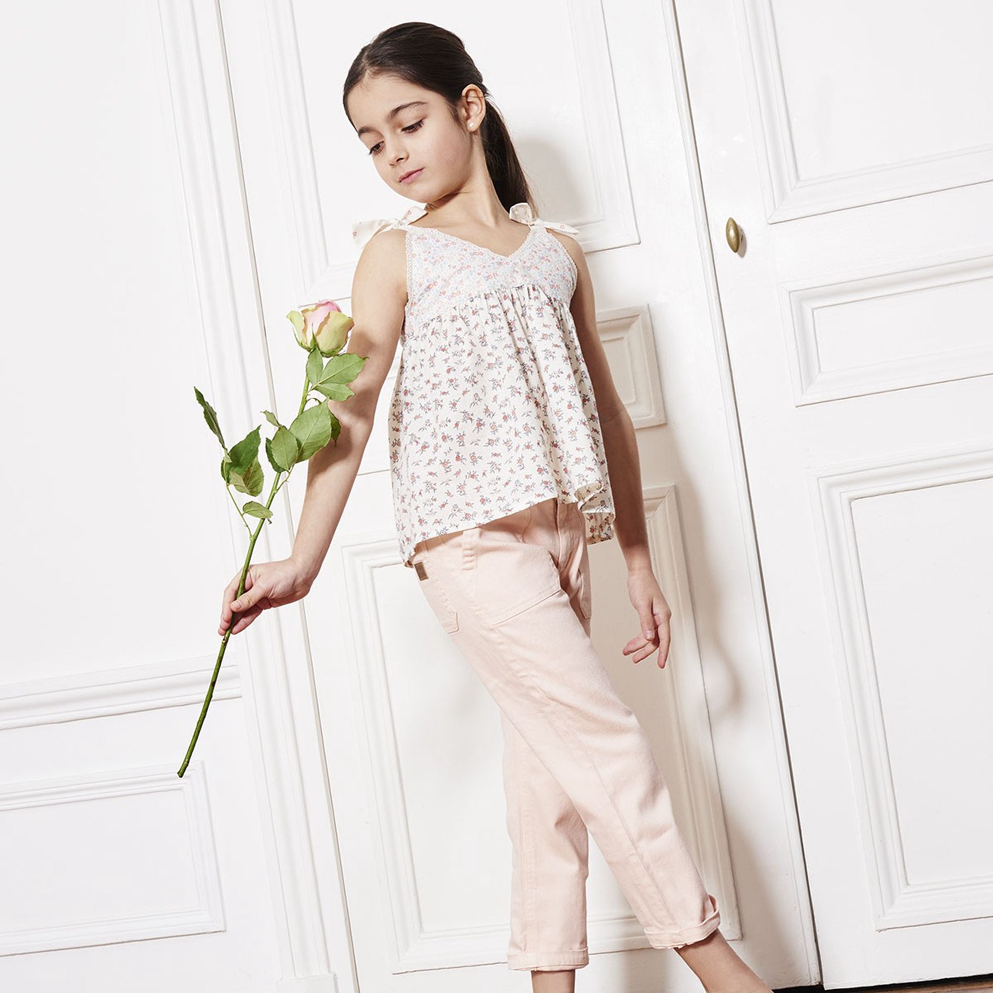 Girls Beige Cotton Flower Top