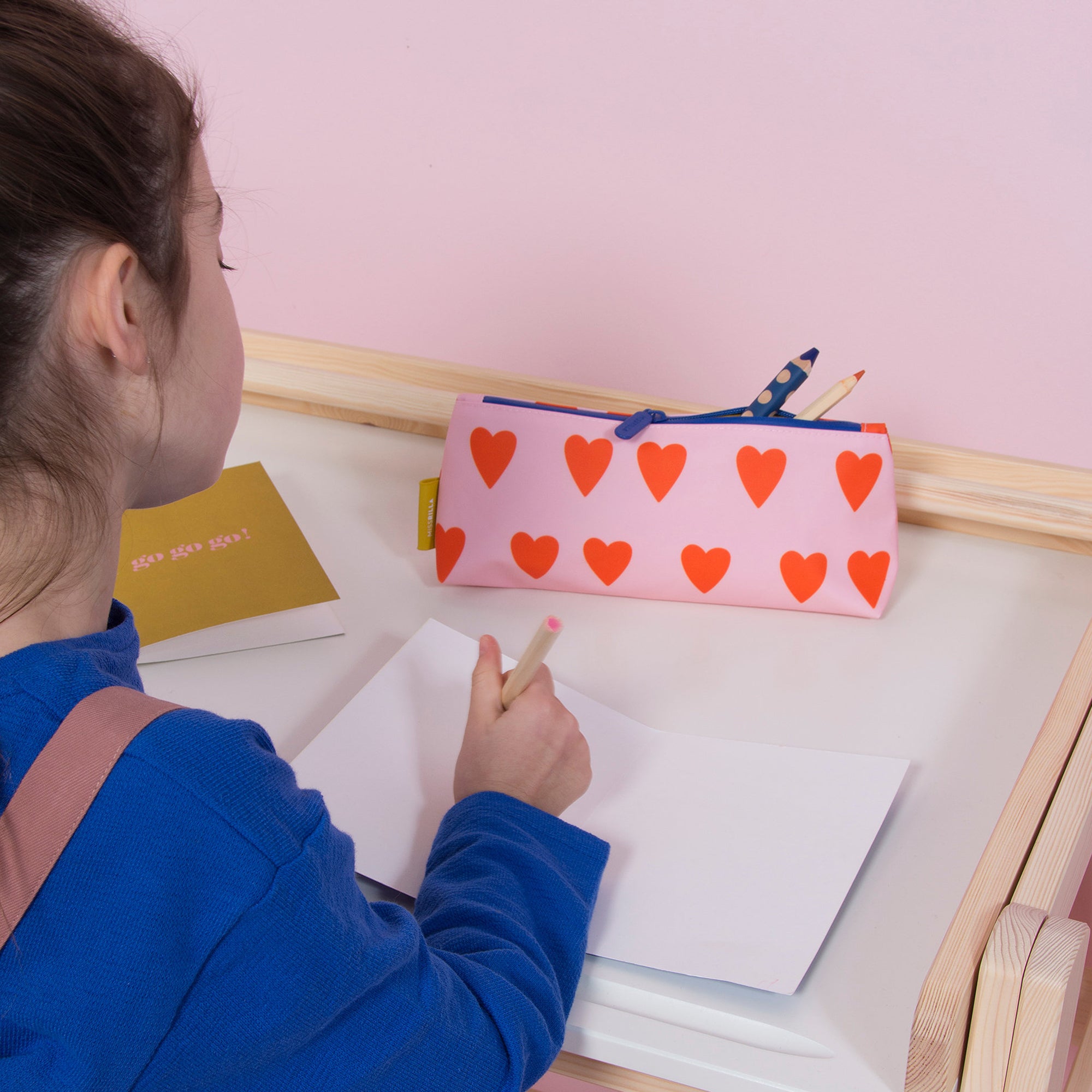 Girls Soft Pink & Orange Hearts Printed Pencil Pouch(29 x 13 cm)