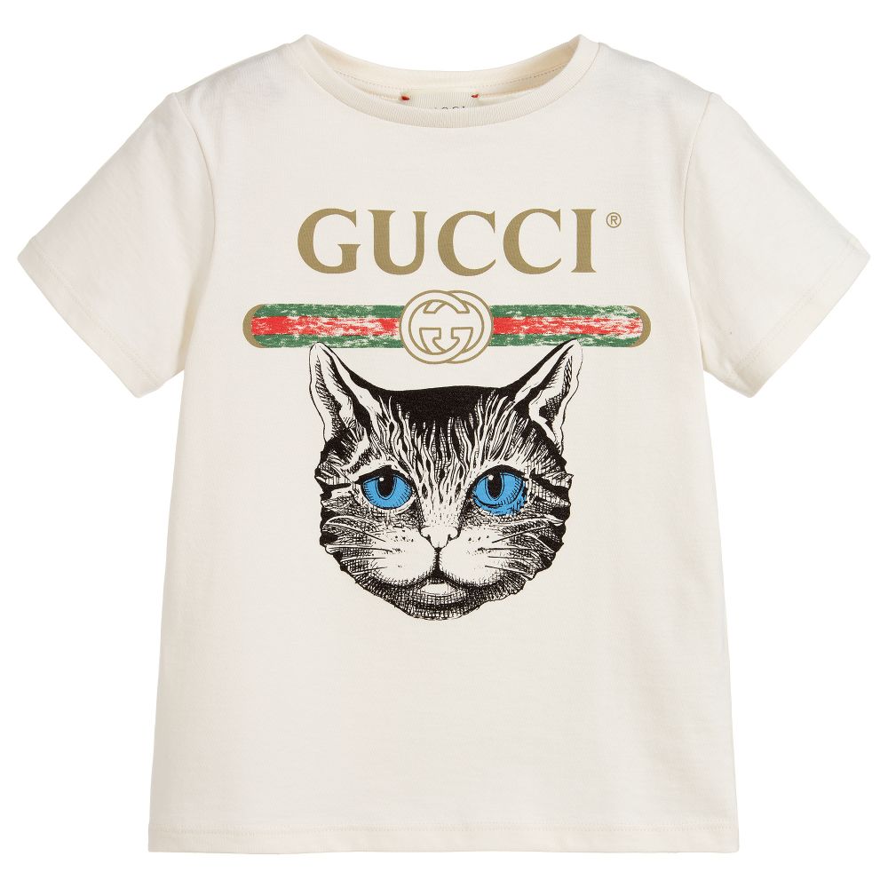 Girls & Boys White Cat Cotton T-shirt