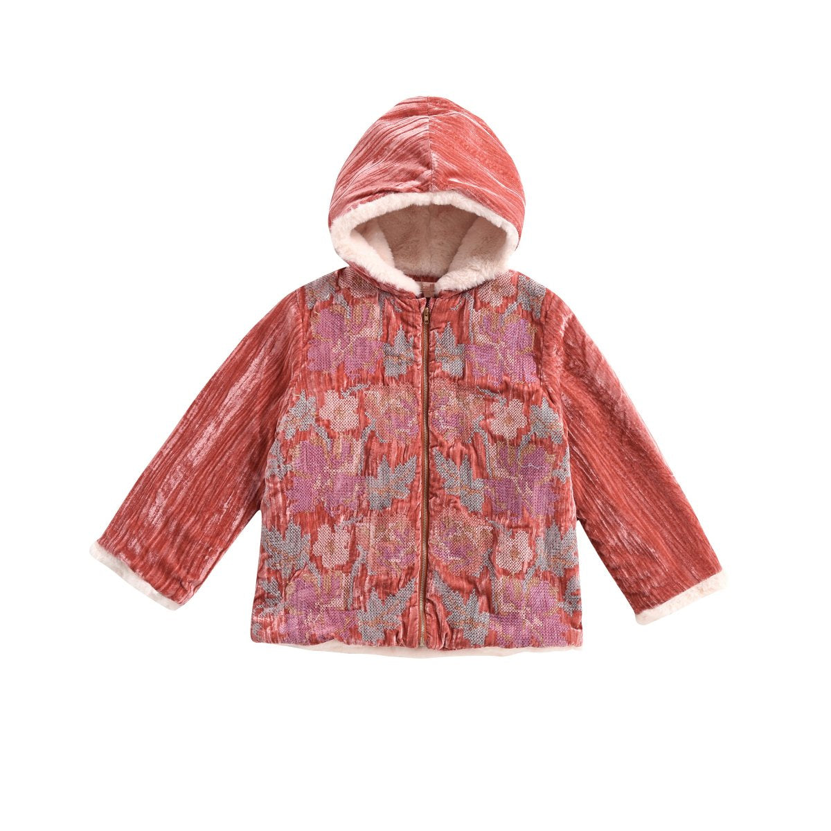 Girls Brick Red Embroidered Coat
