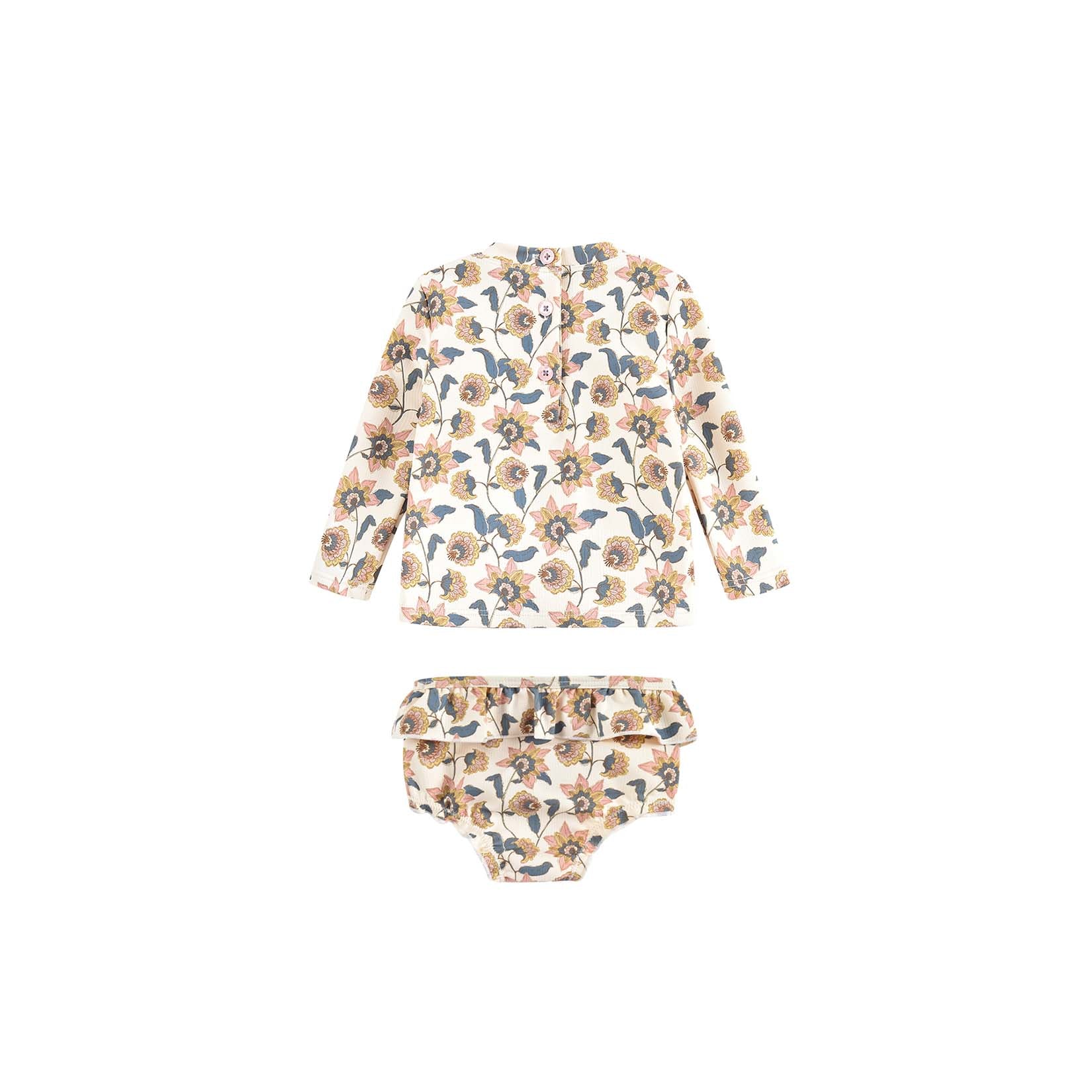 Girls Cream Flowers UV Protective Swimwear Set