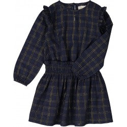 Girls Navy Check Gold Lurex Cotton Dress