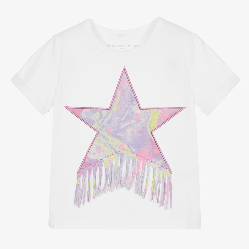Girls White Tassel Cotton T-Shirt