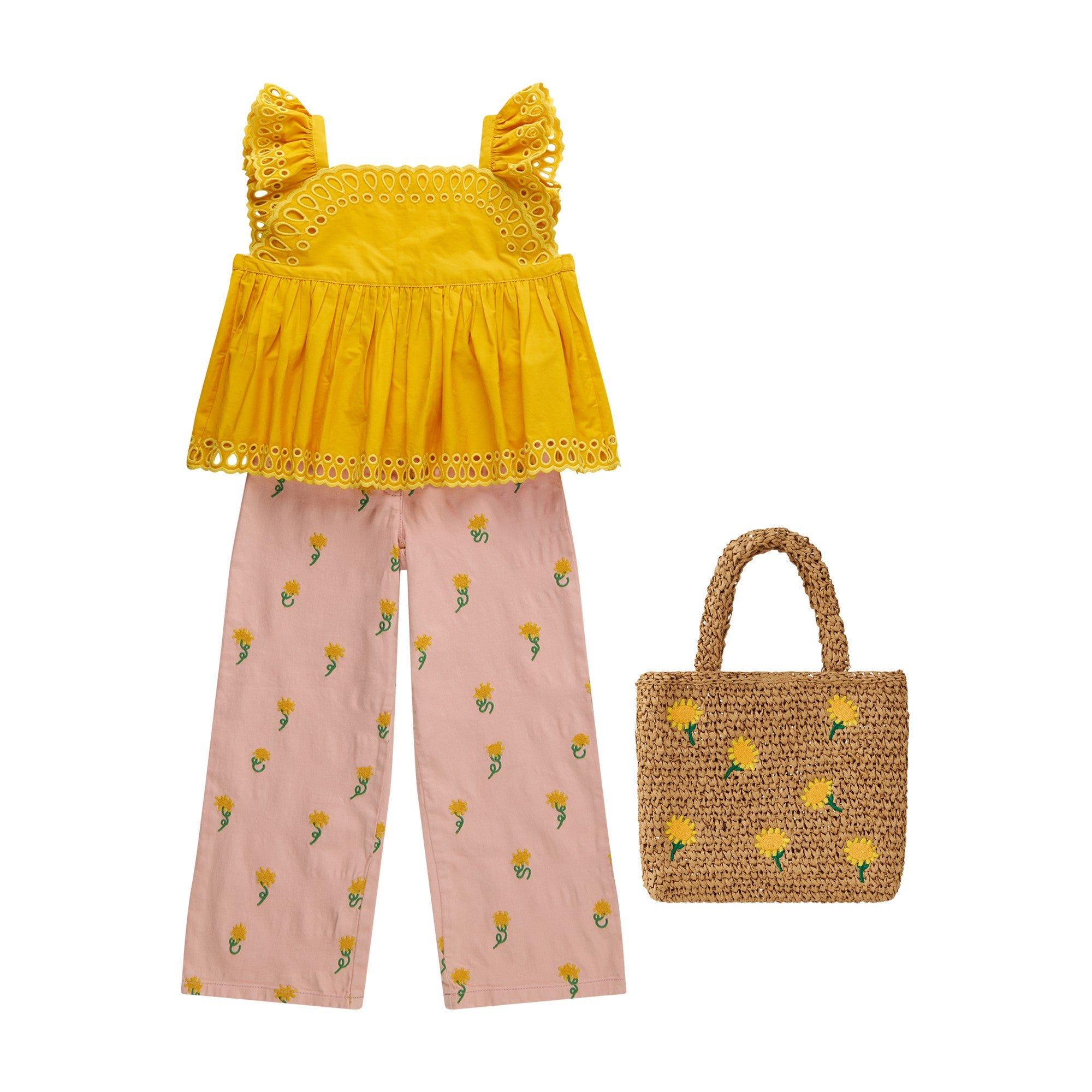 Girls Beige Straw Sunflower Bag