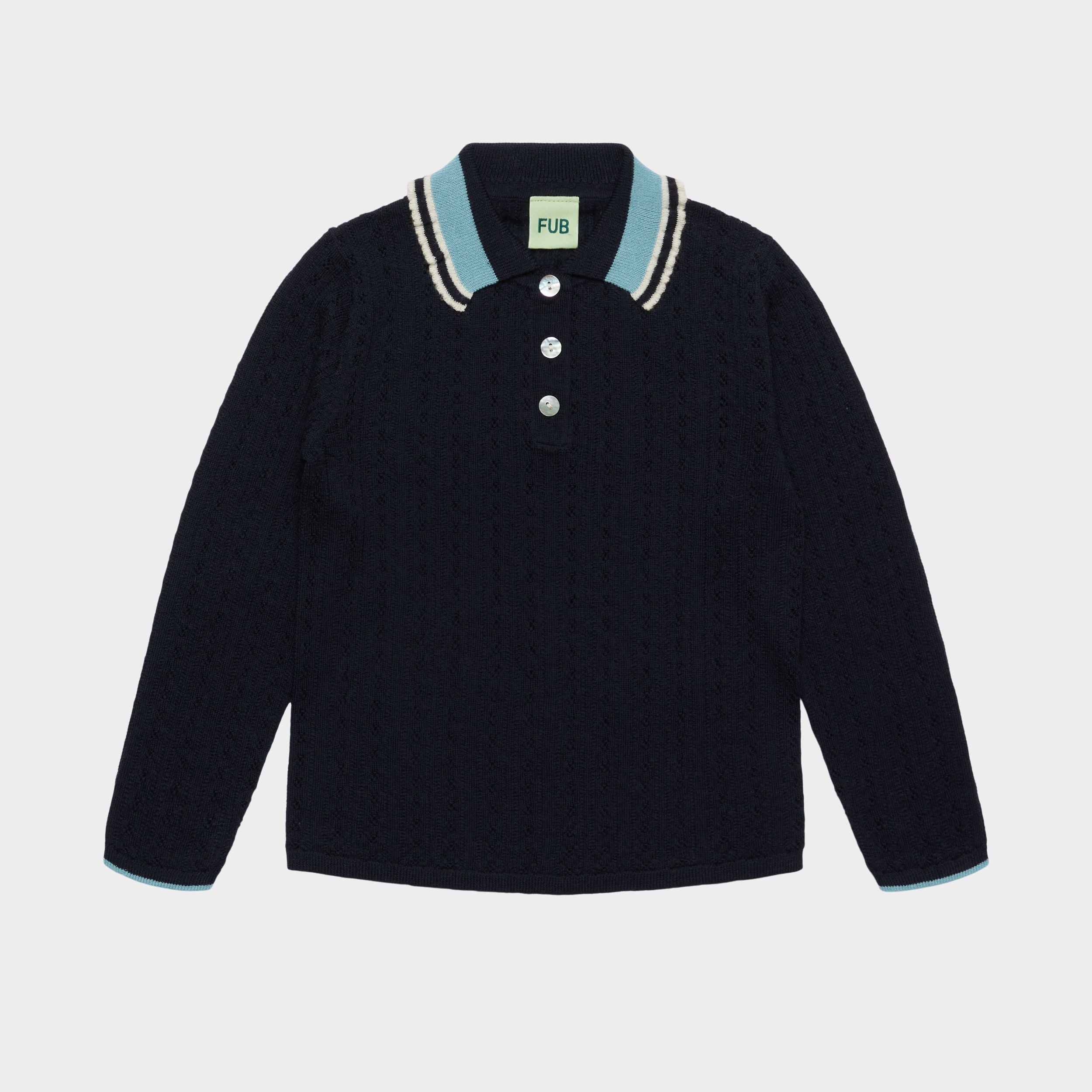 Girls Dark Navy Pointelle Wool Polo Shirt