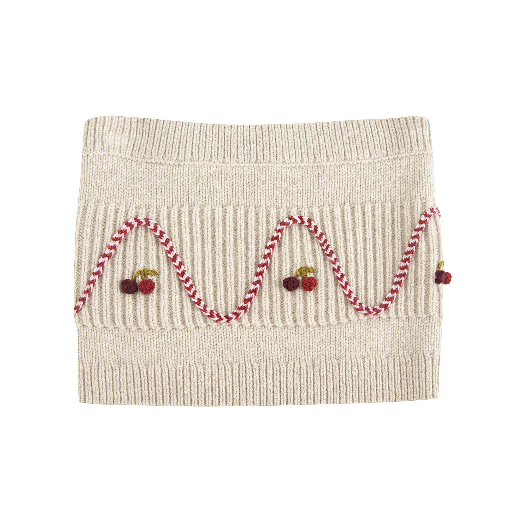 Girls Beige Cherry Embroidered Wool Scarf