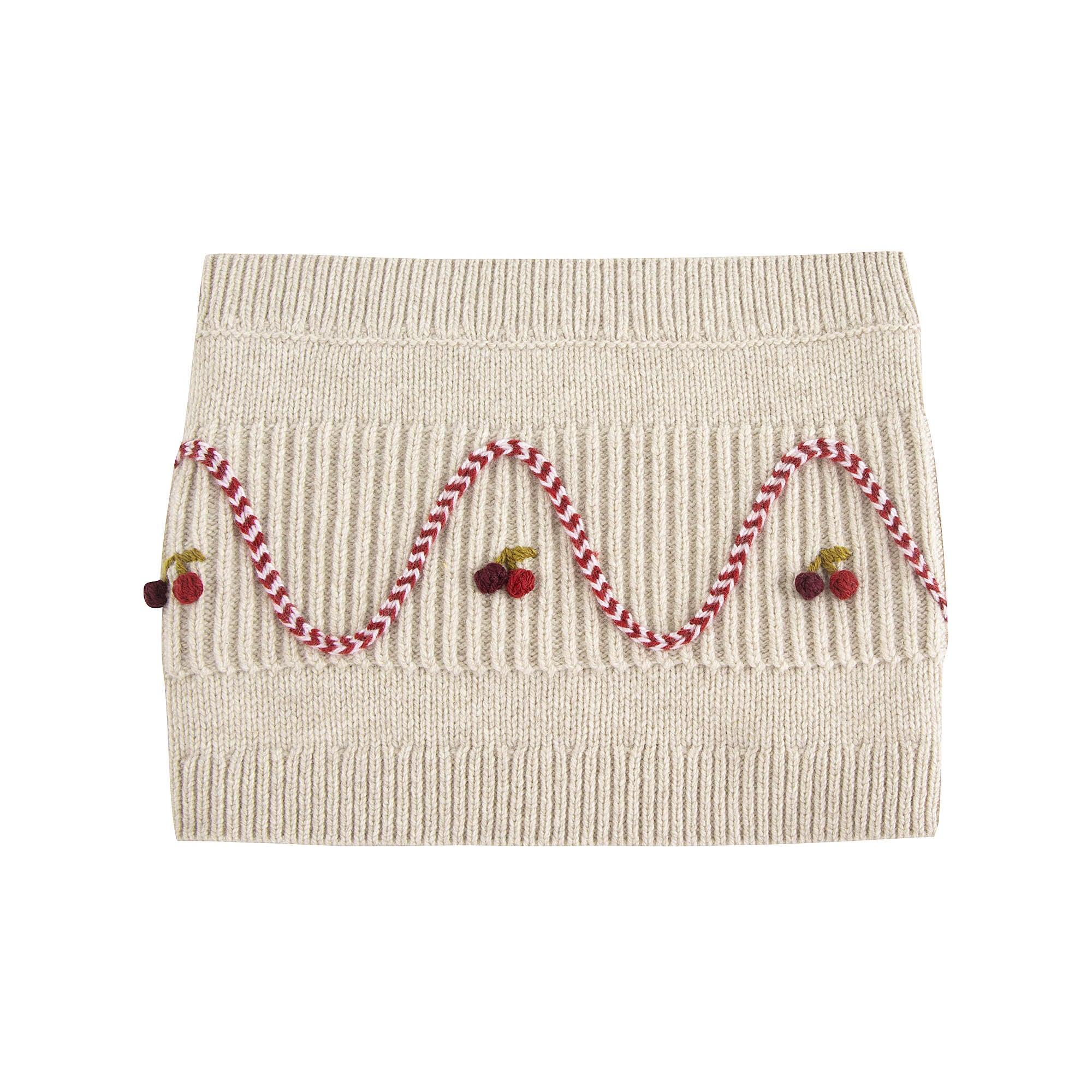 Girls Beige Cherry Embroidered Wool Scarf