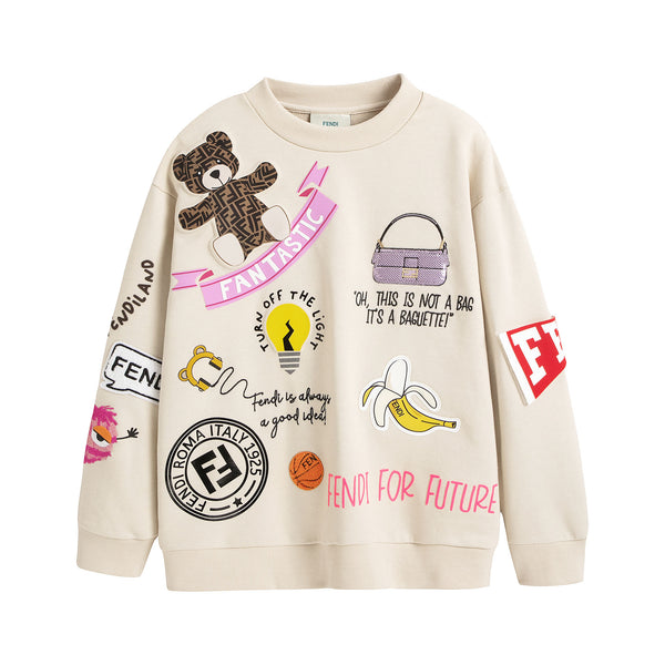 Girls White Printed Cotton Sweatshirt