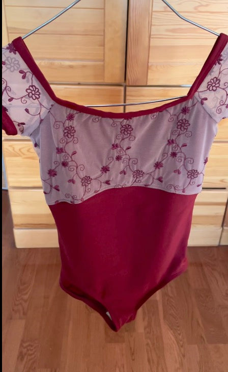 Girls Wine Red Embroidered Ballet Onesies