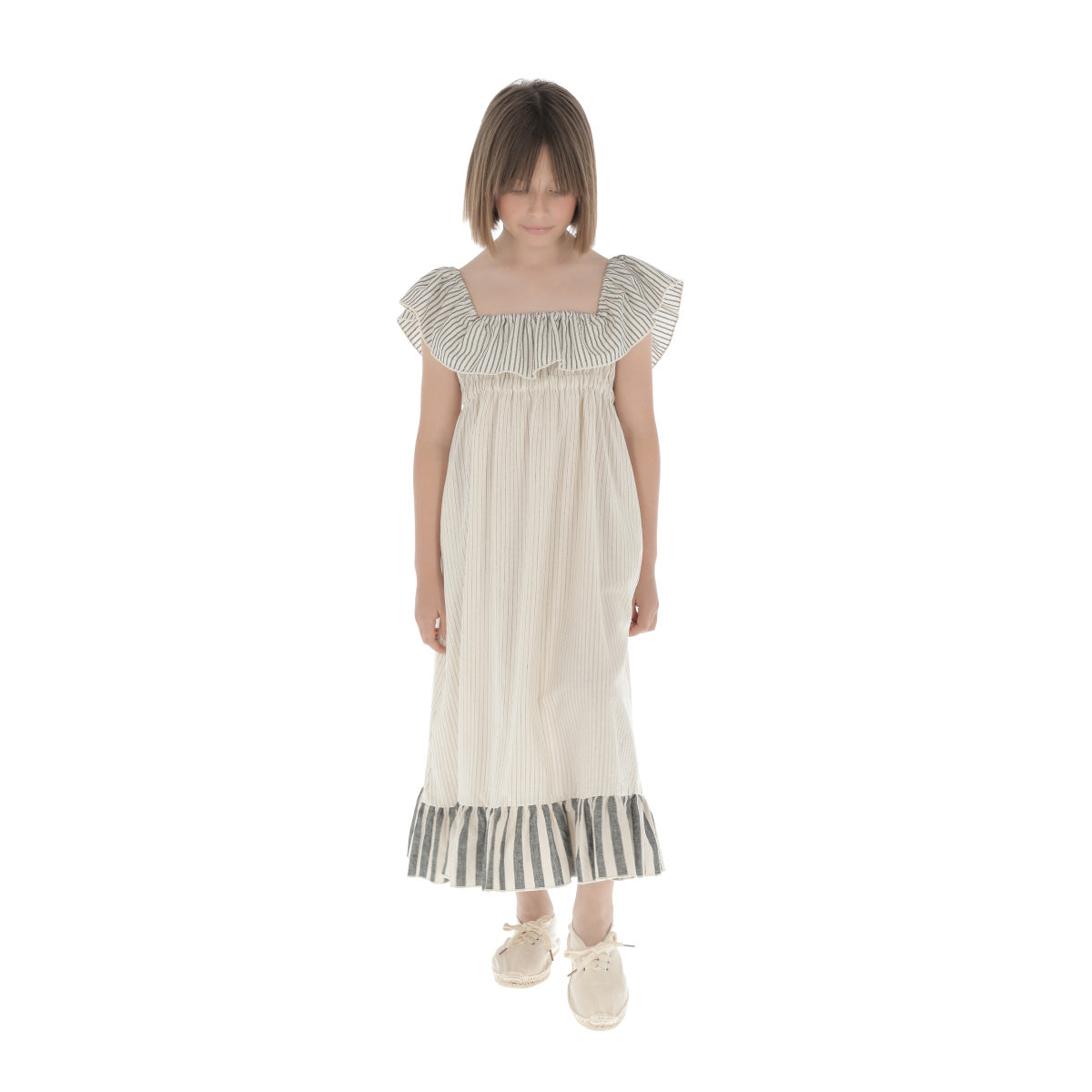 Girls Light Grey Stripes Cotton Dress