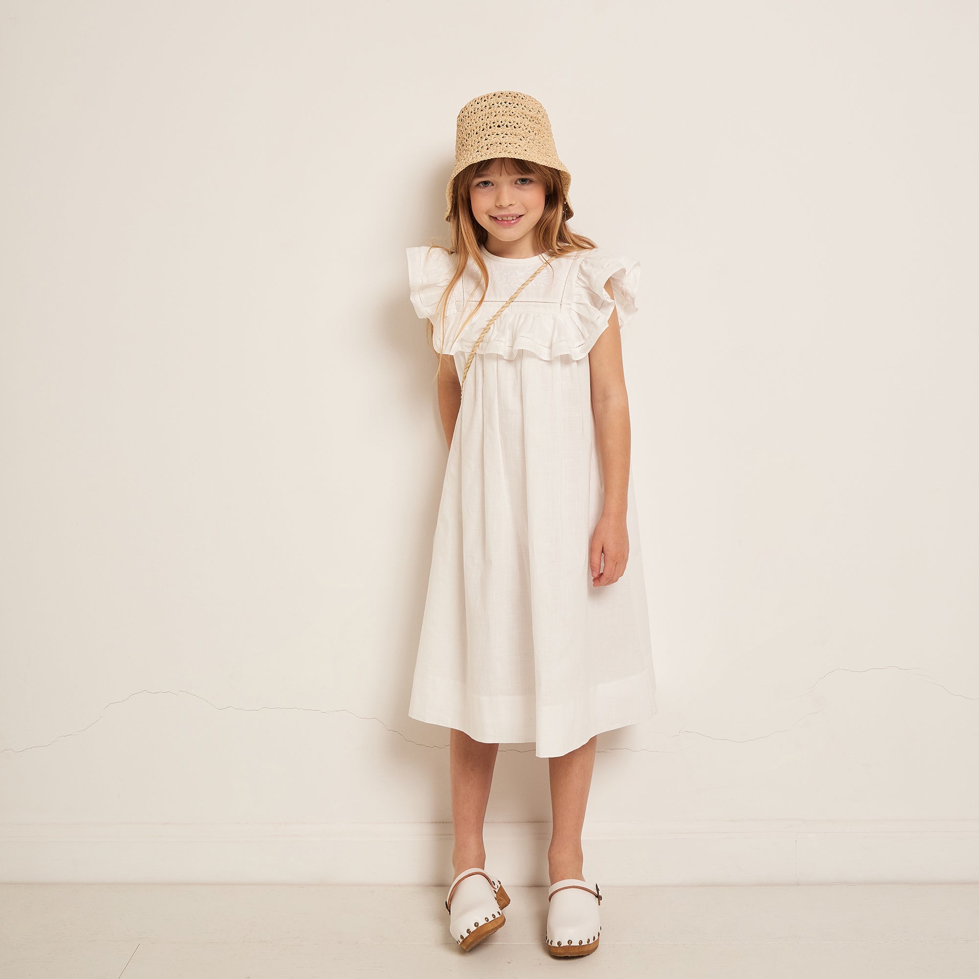 Girls White Ruffled Cotton Dress