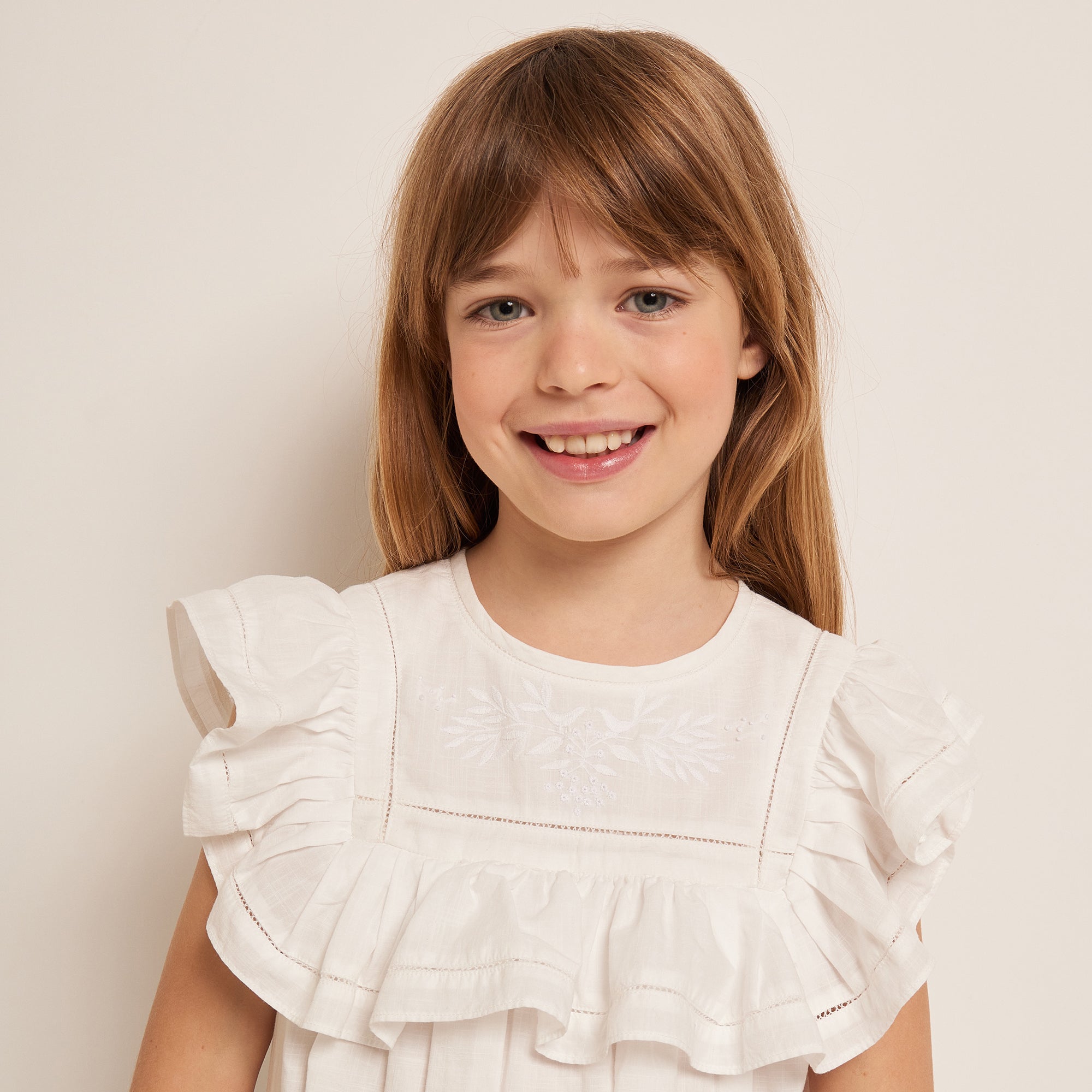 Girls White Ruffled Cotton Dress