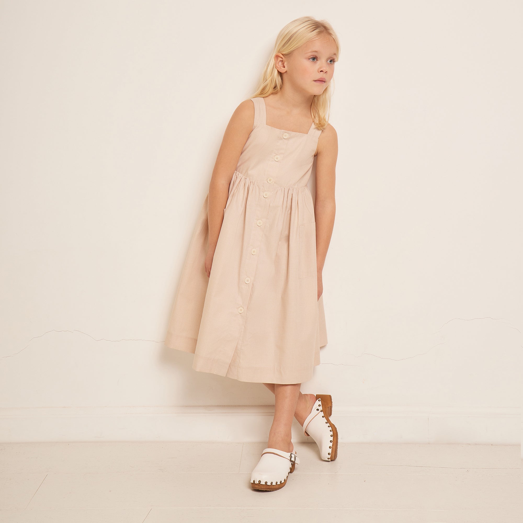 Girls Beige Check Cotton Dress