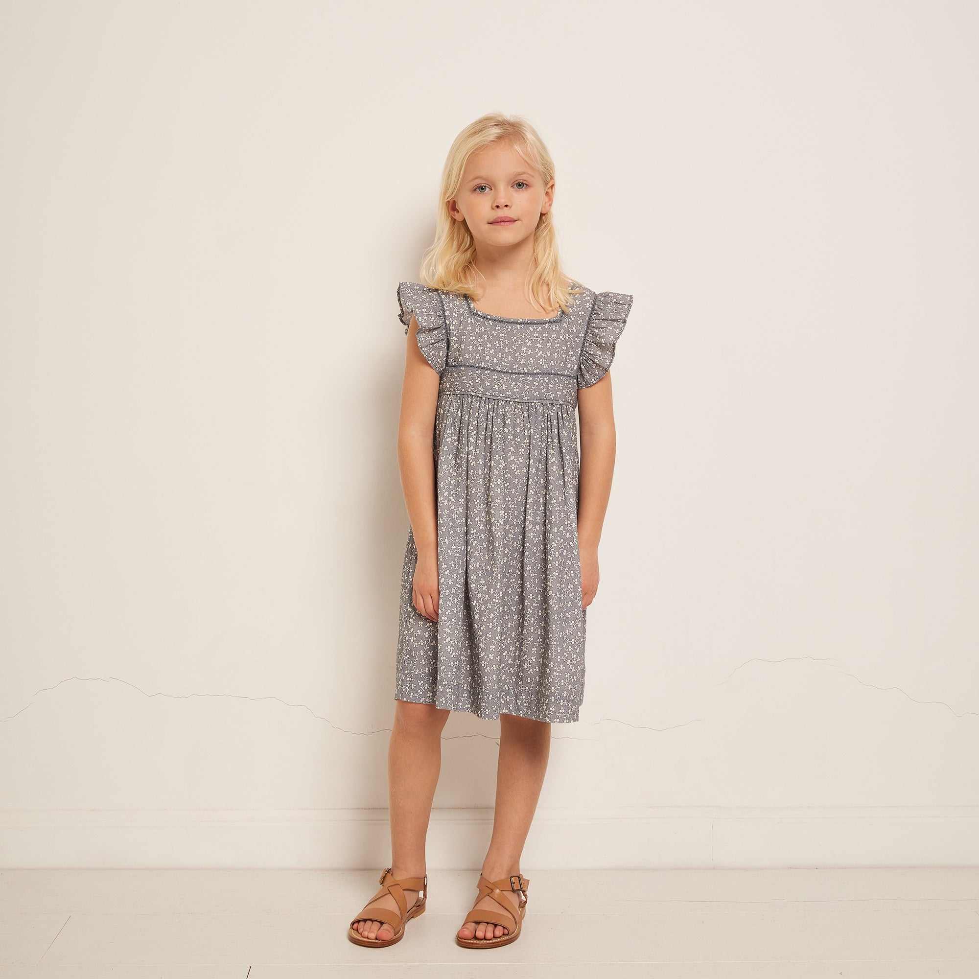 Girls Grey Blue Floral Cotton Dress
