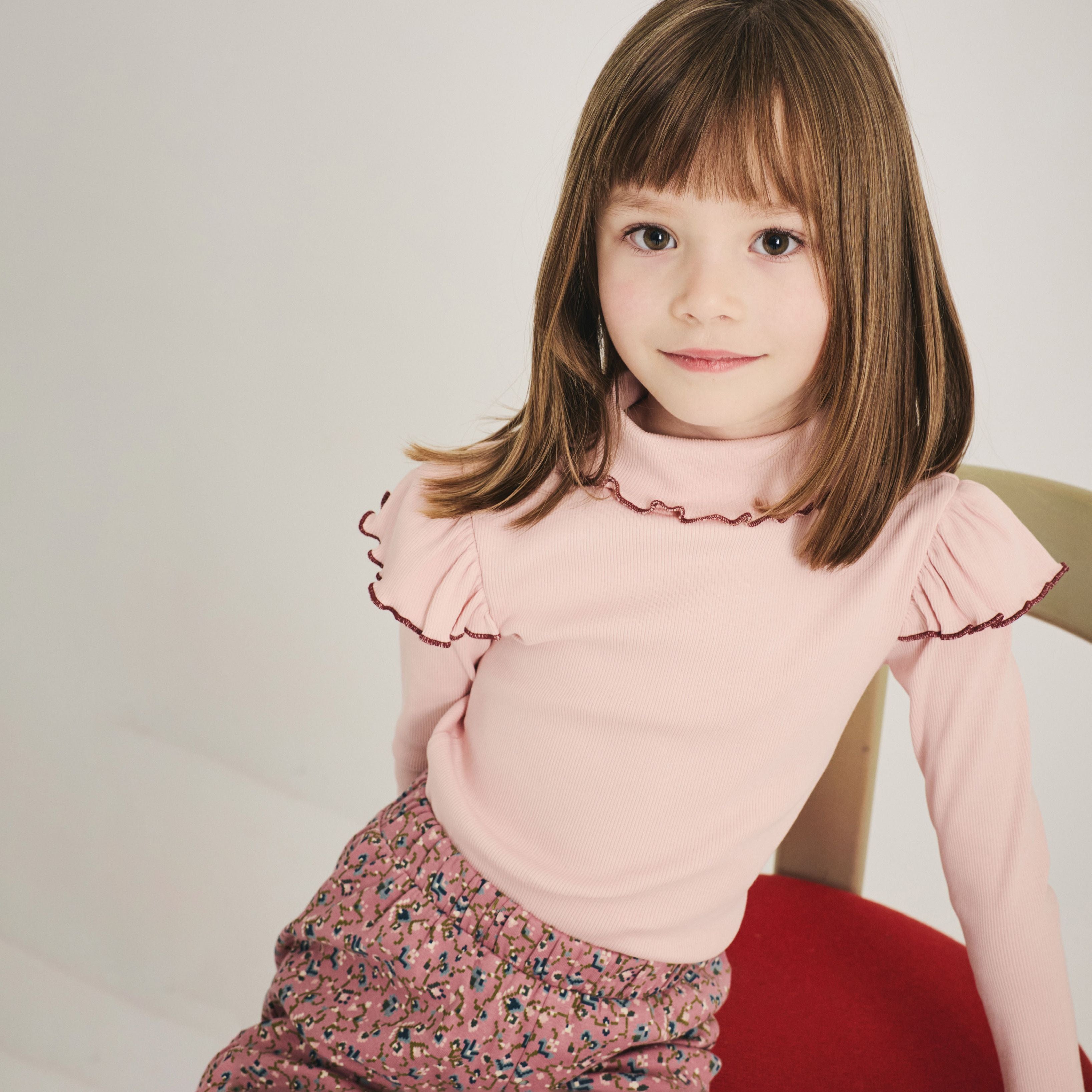 Girls Pink Ruffled Cotton Turtleneck