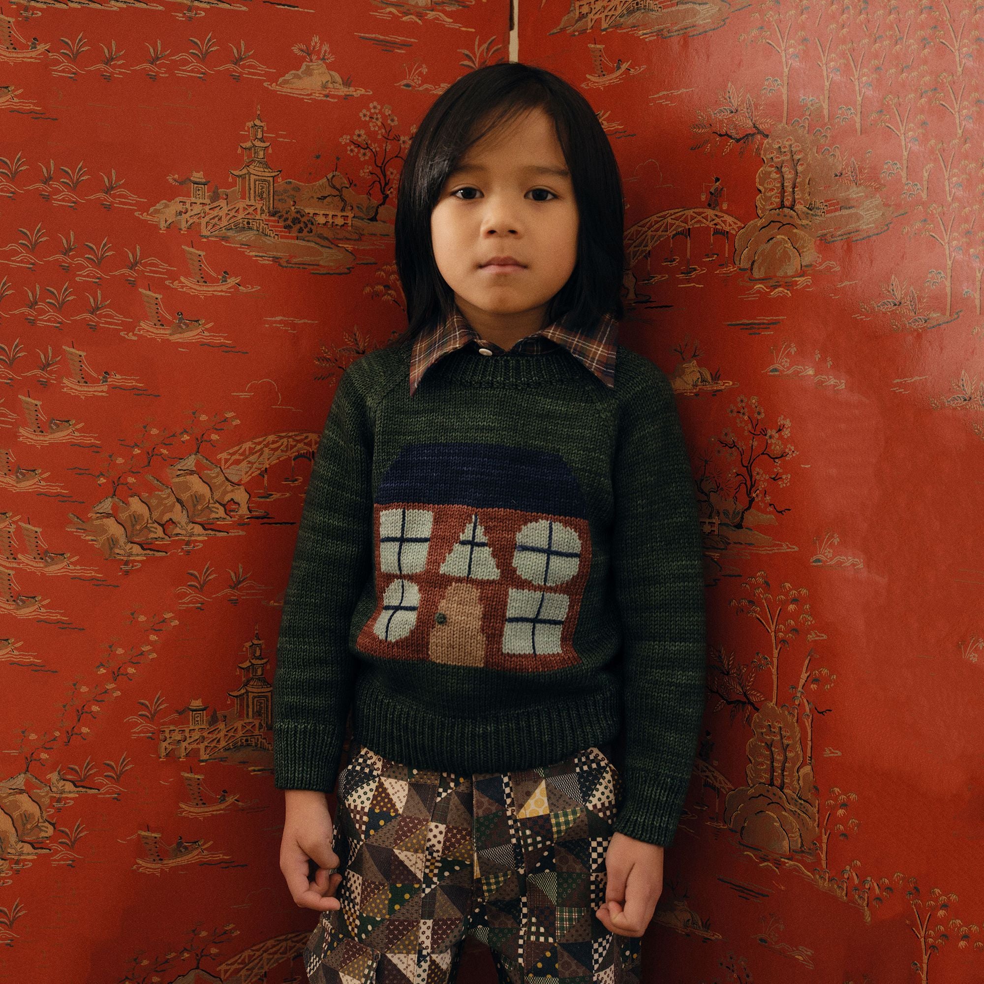 Boys & Girls Green House Jacquard Wool Sweater