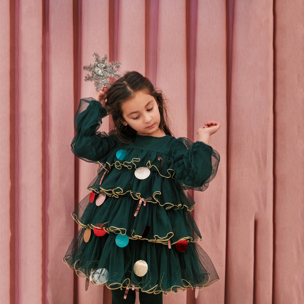 Girls Green Long-sleeved Tulle Dress
