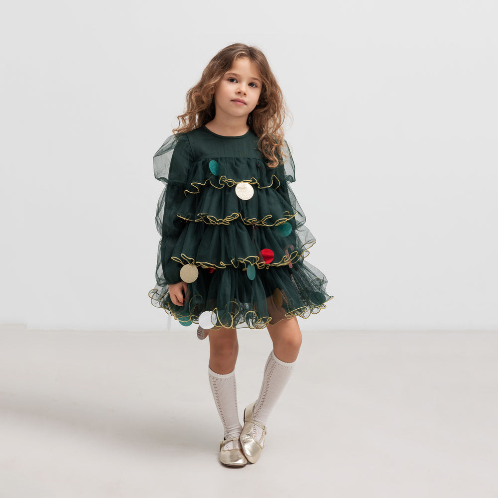 Girls Green Long-sleeved Tulle Dress