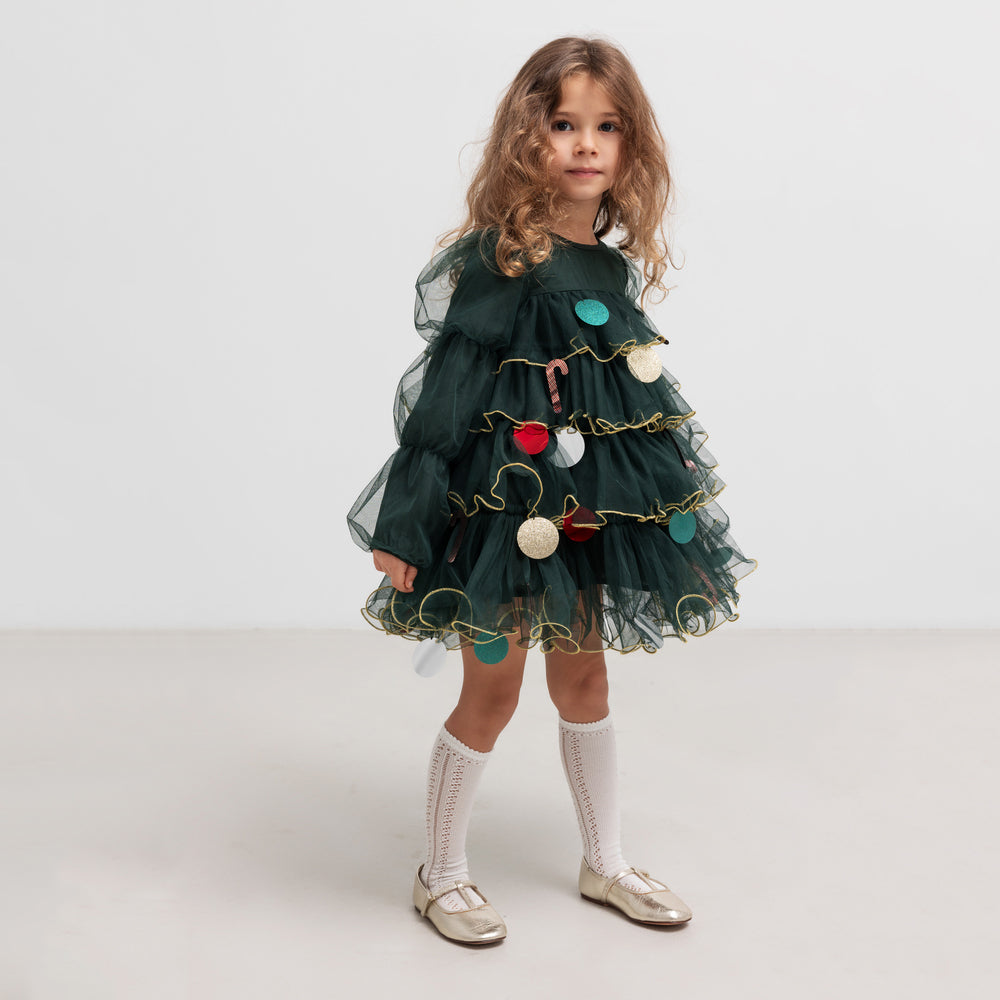 Girls Green Long-sleeved Tulle Dress