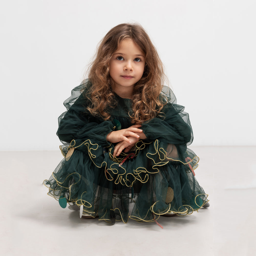 Girls Green Long-sleeved Tulle Dress