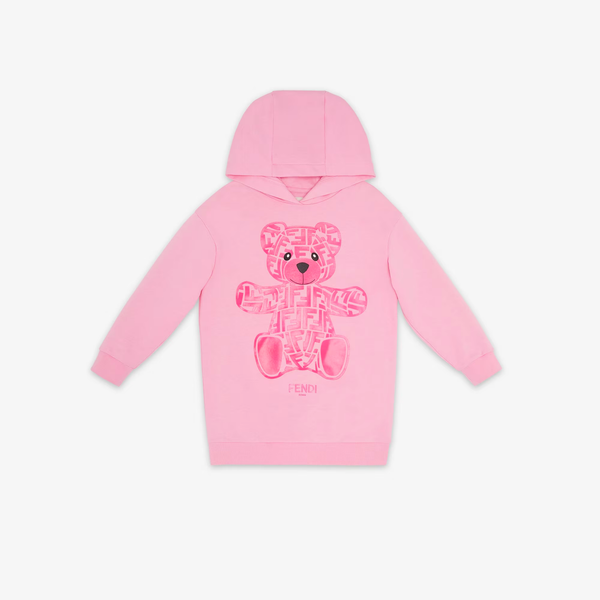 Girls Pink Printed Hooded Cotton Dress