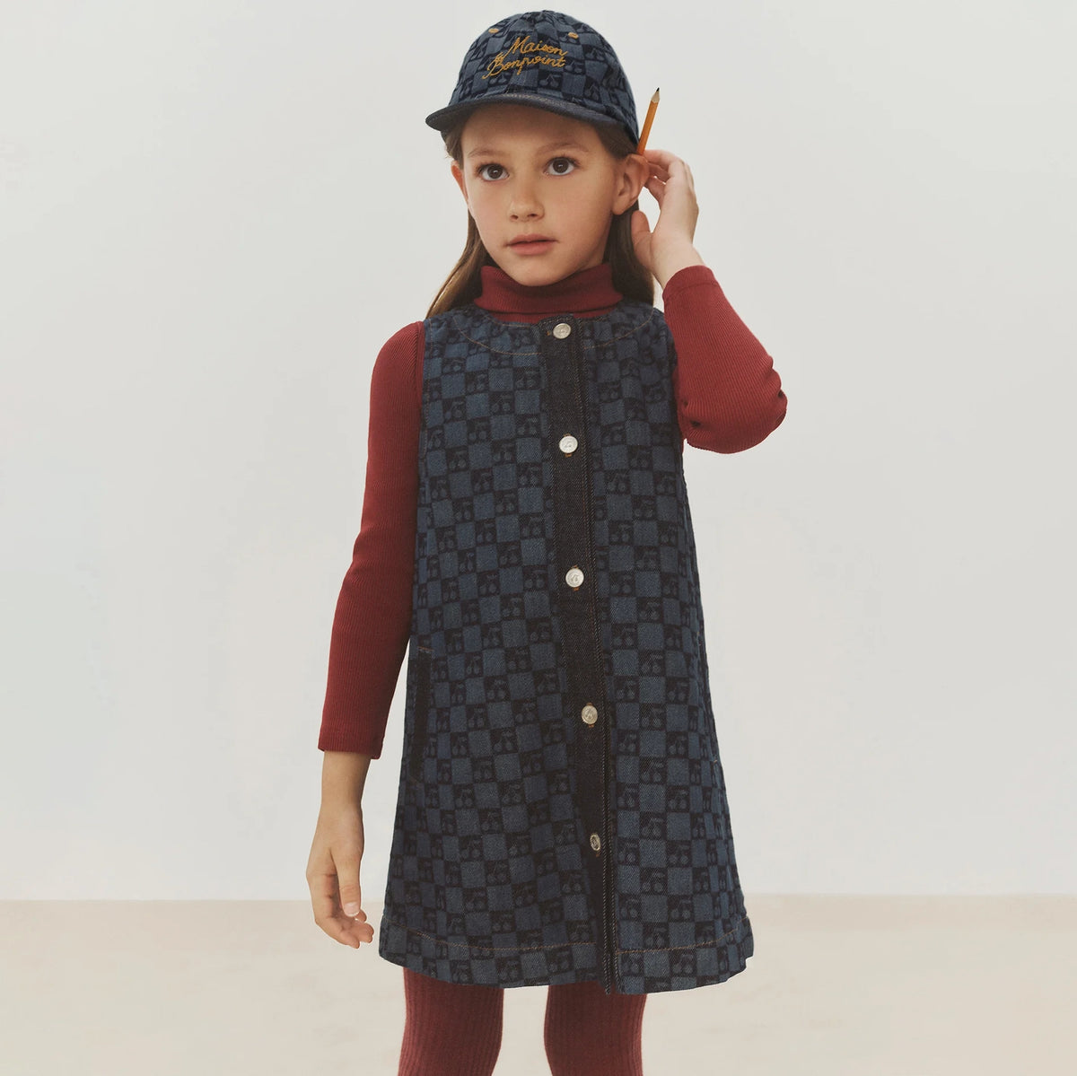 Girls Dark Blue Check Denim Dress