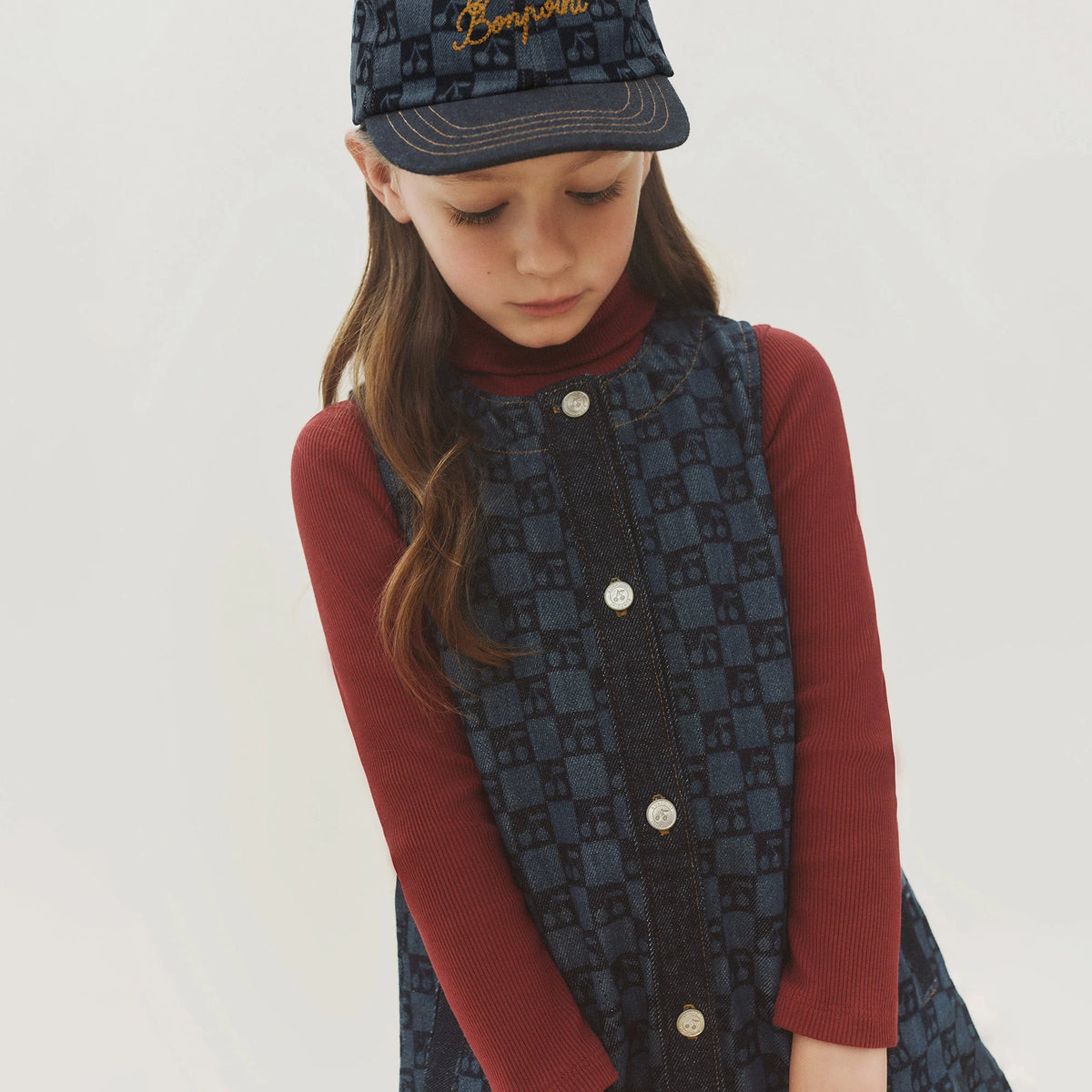 Girls Dark Blue Check Denim Dress