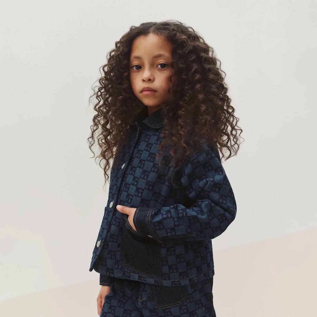 Girls Dark Blue Check Denim Jacket