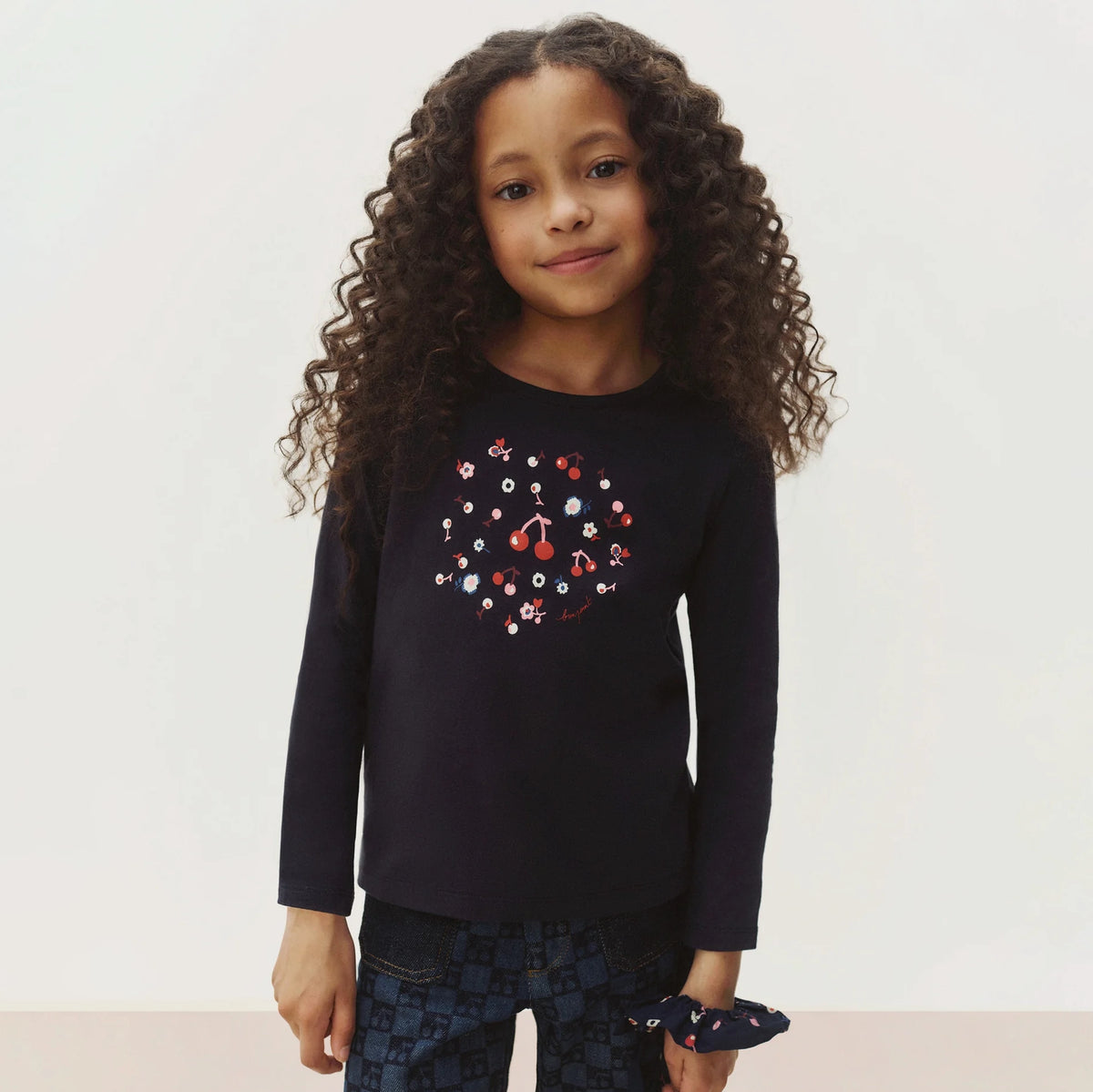 T-shirt en coton imprimé cerises bleu marine pour filles