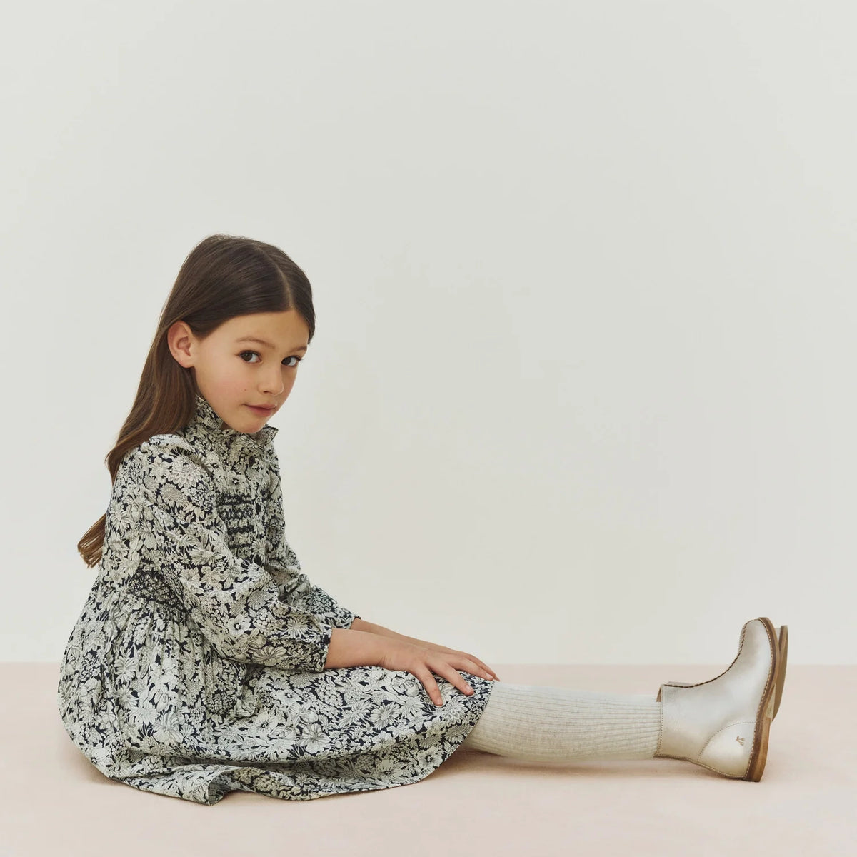 Girls Navy Flower Cotton Dress