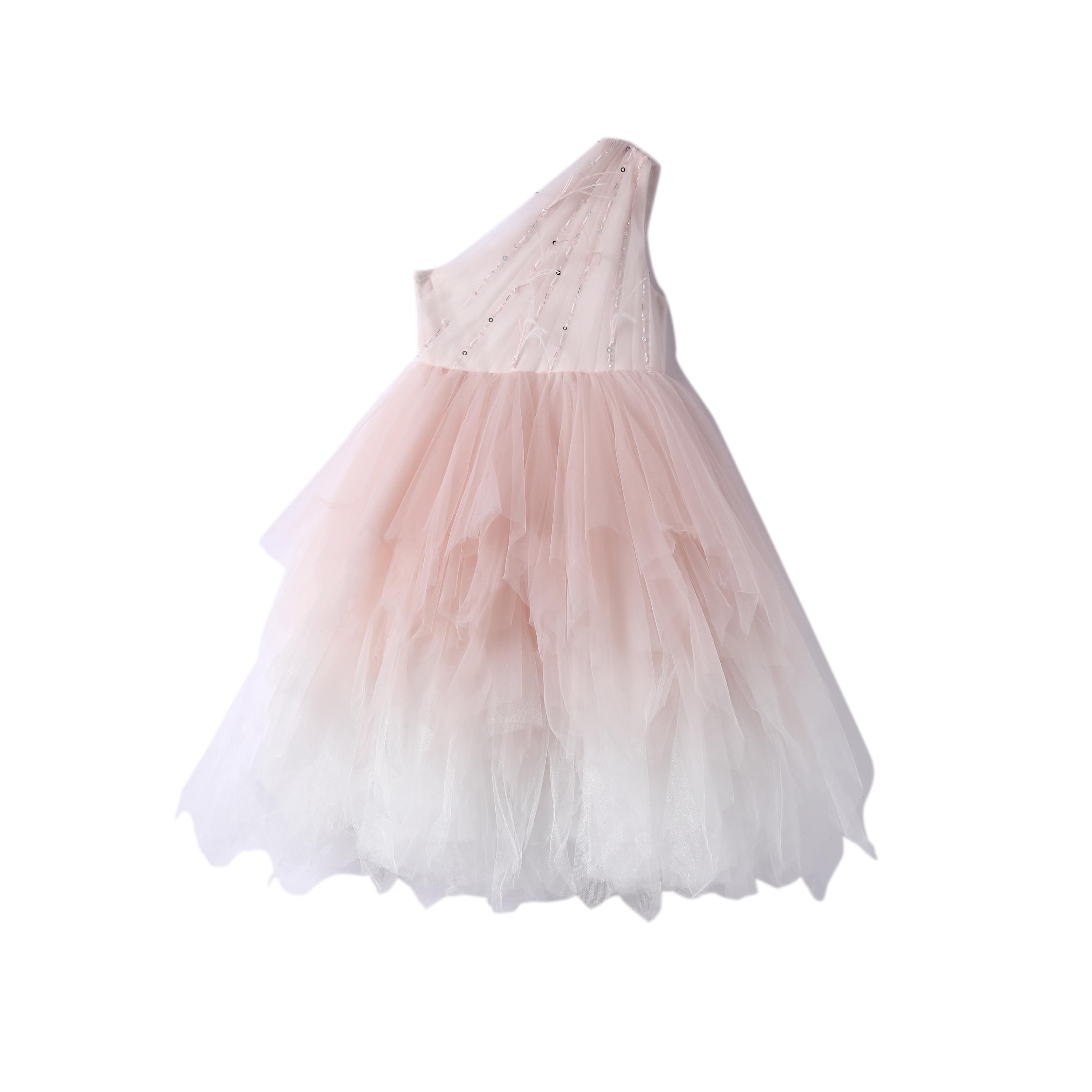 女童粉色斜肩羽毛渐变礼服裙