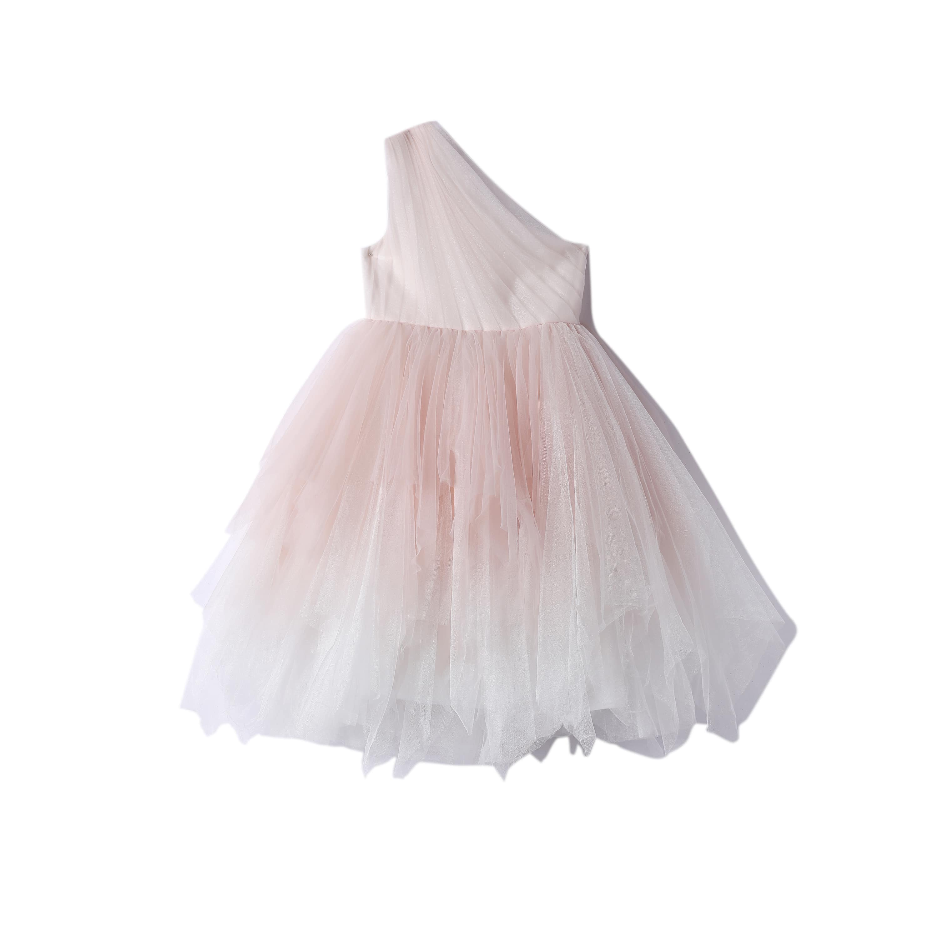女童粉色斜肩羽毛渐变礼服裙