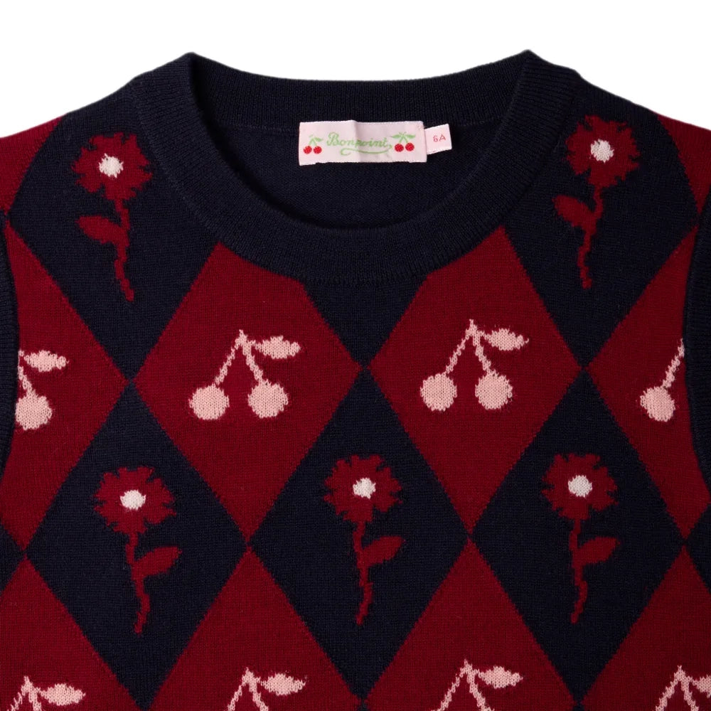 Girls Navy Cherry Jacquard Wool Vest