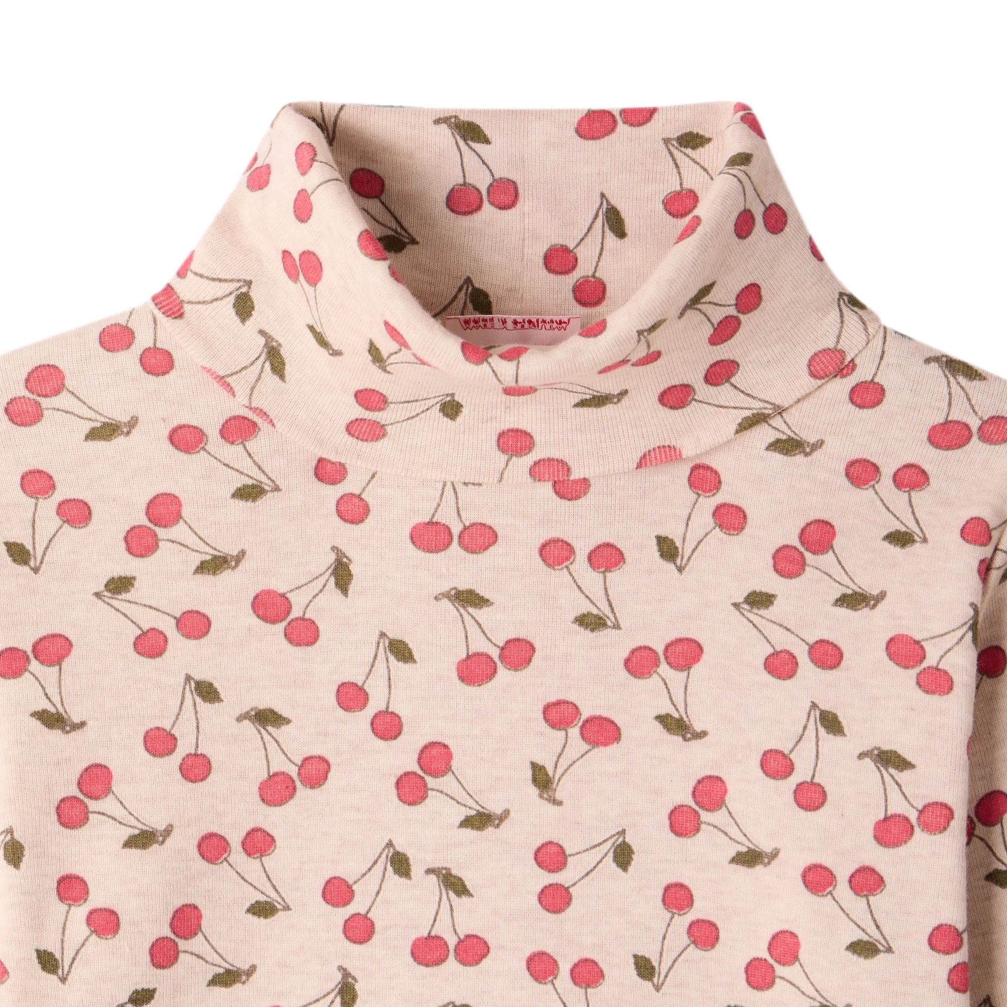Girls Beige Cherry Printed Cotton Turtleneck