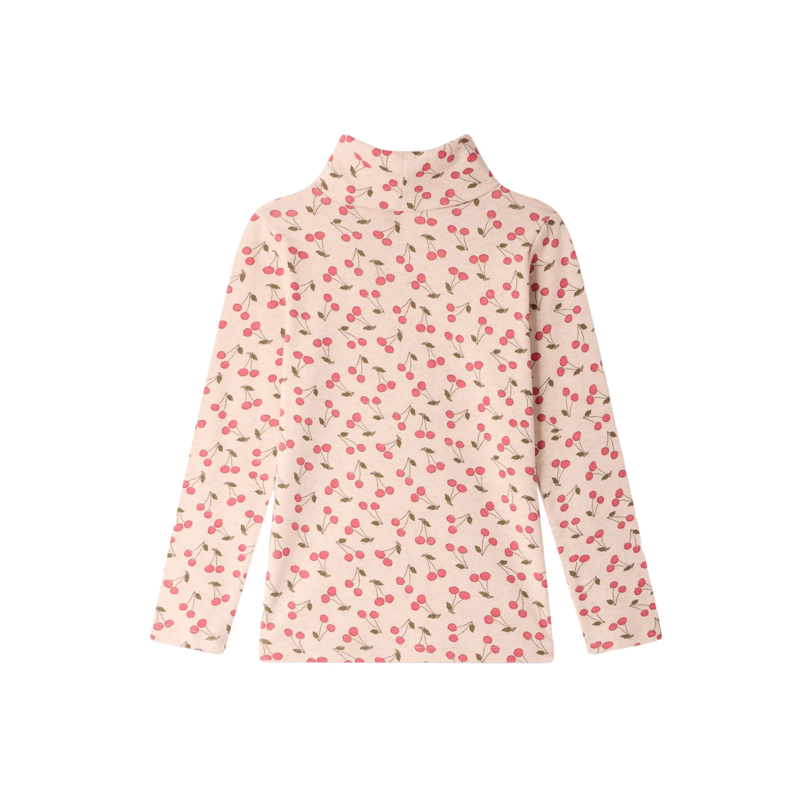 Girls Beige Cherry Printed Cotton Turtleneck