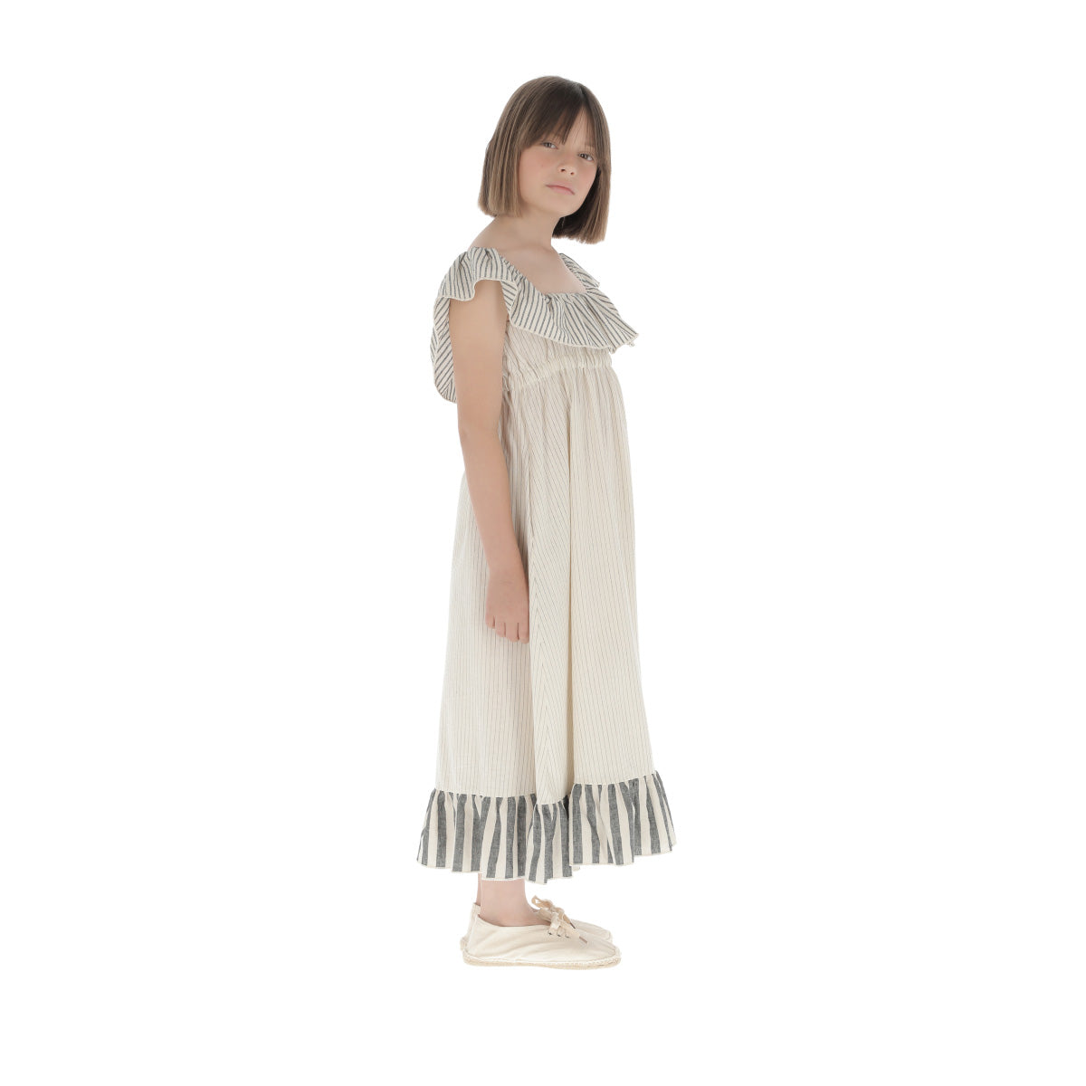 Girls Light Grey Stripes Cotton Dress
