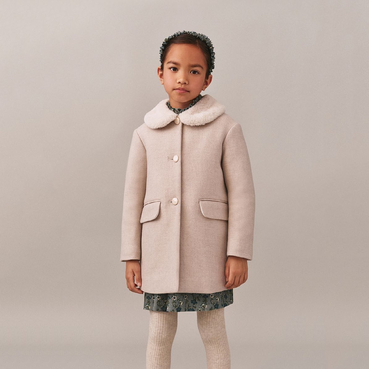 Girls Light Beige Wool Coat