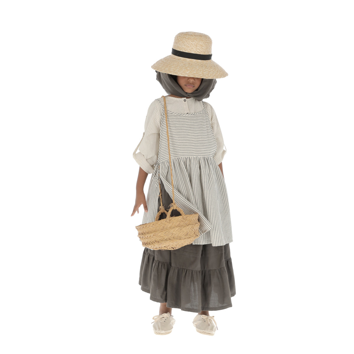Girls Grey Stripes Cotton Strap Dress