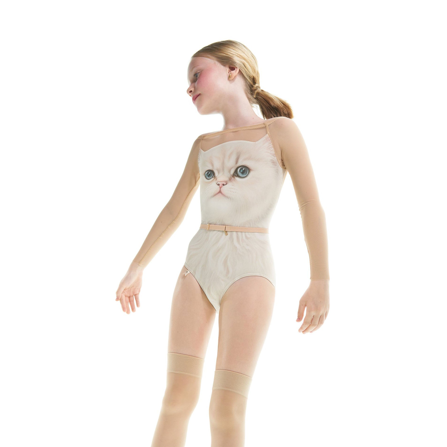 Girls White Cat Boatneck Ballet Onesies(J231LE22VL/cream)