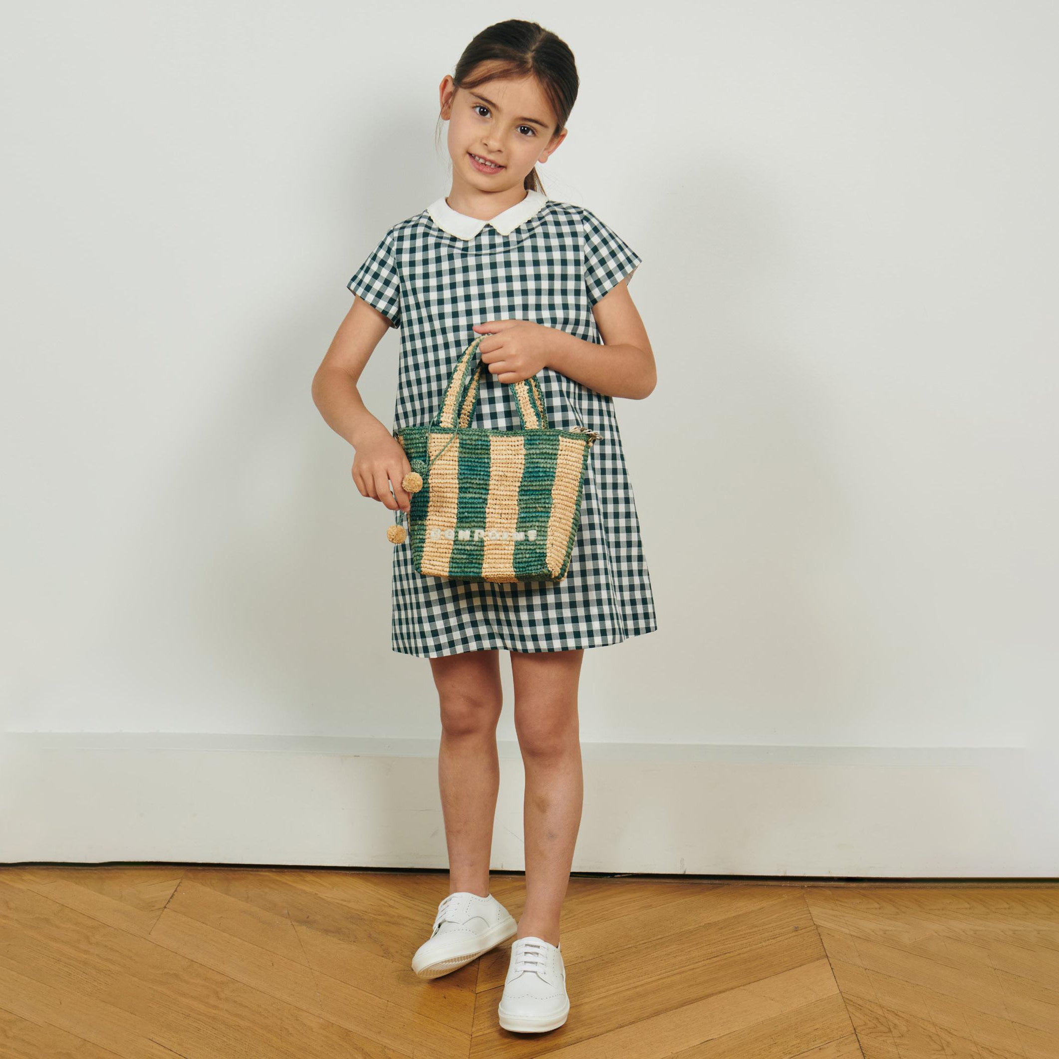 Girls Green Stripes Raffia Handbag(17x8x16.5cm)