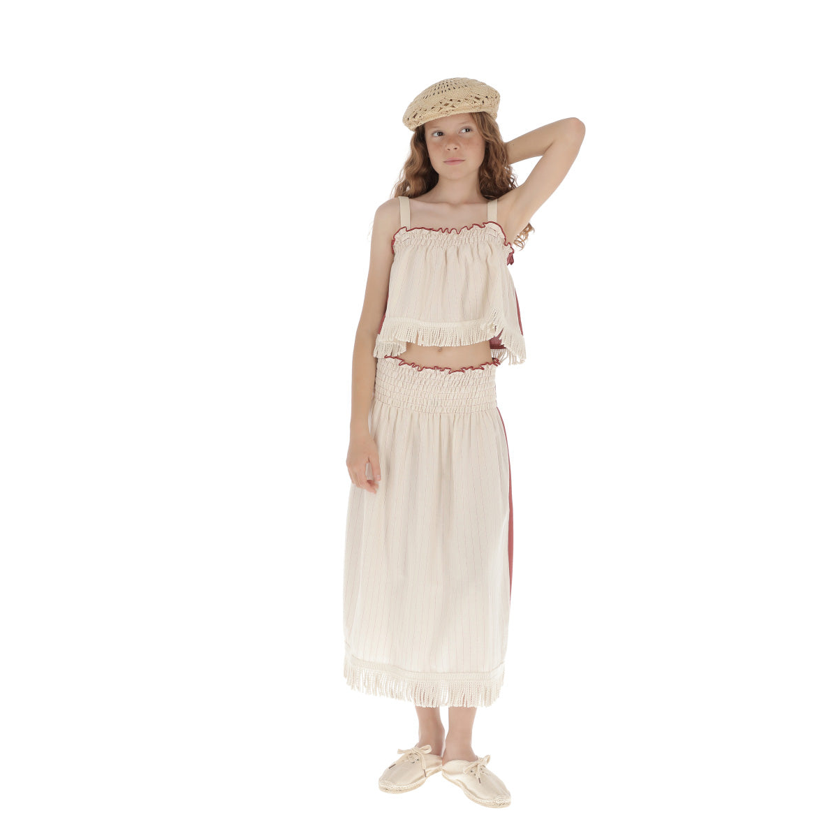 Girls White Stripes Cotton Skirt