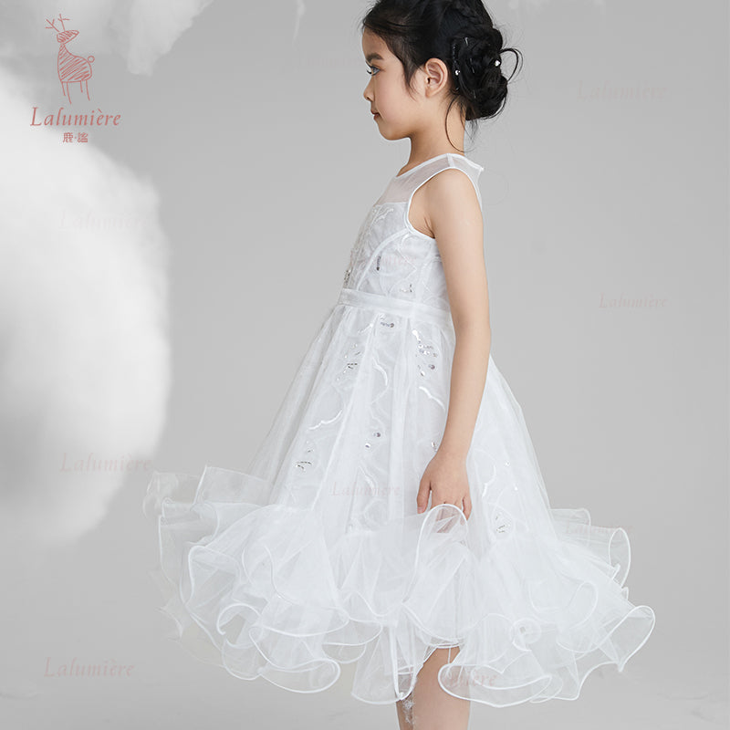 女童白色插片无袖小礼服裙