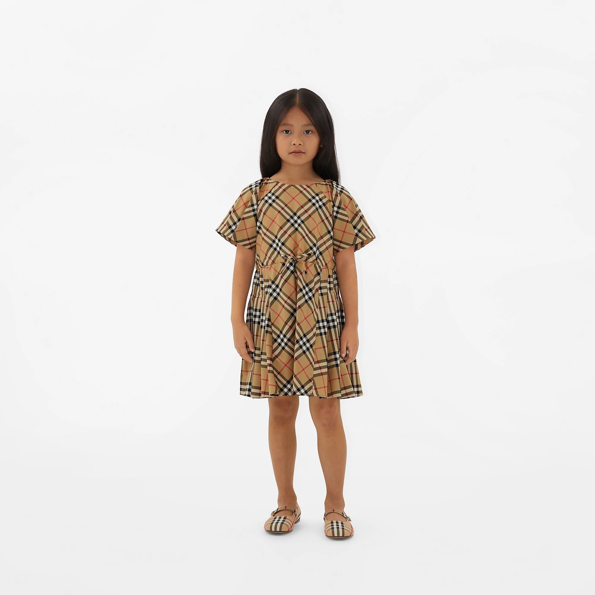 Girls Beige Check Cotton Dress
