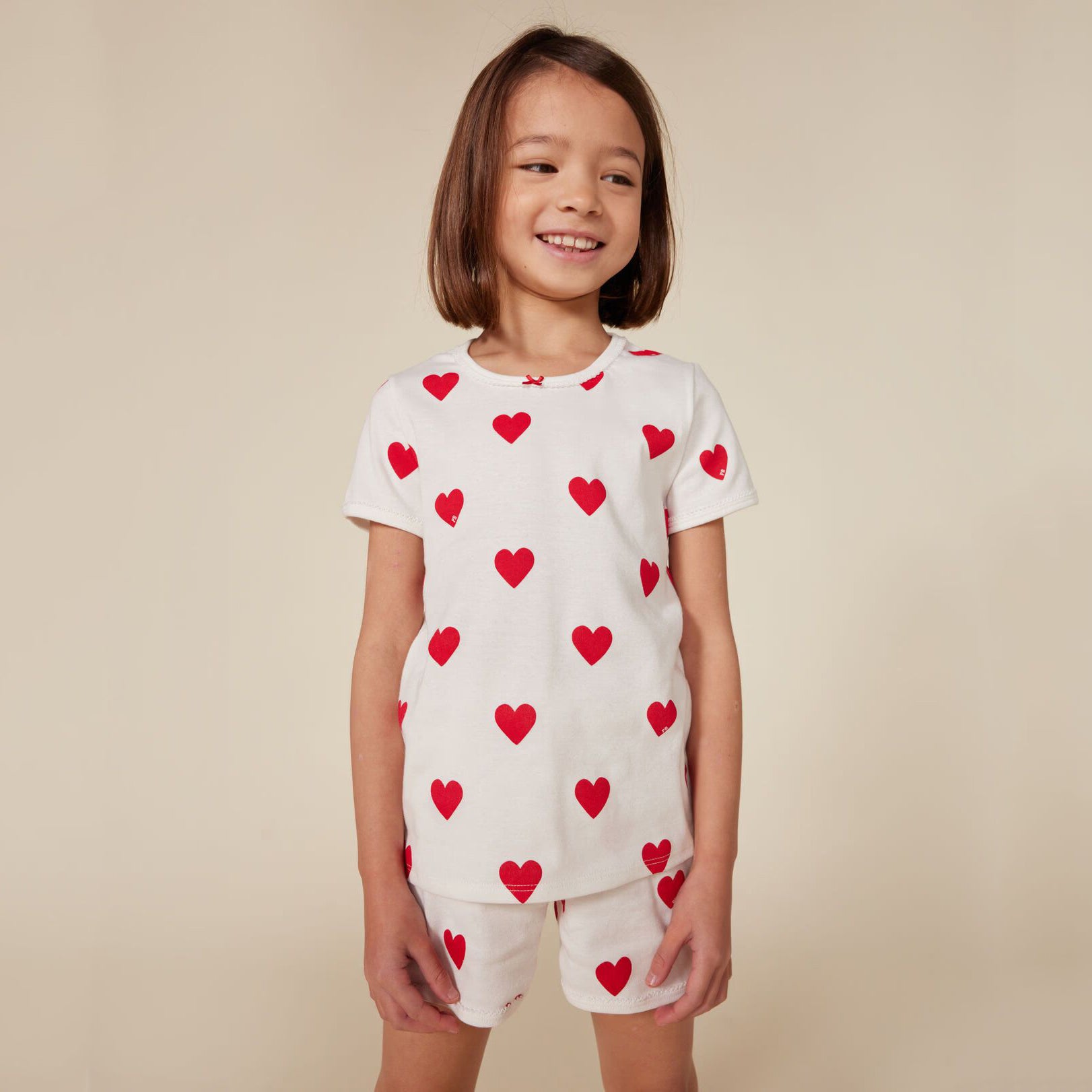 Girls Ivory Printed Heart Cotton Pajama Set