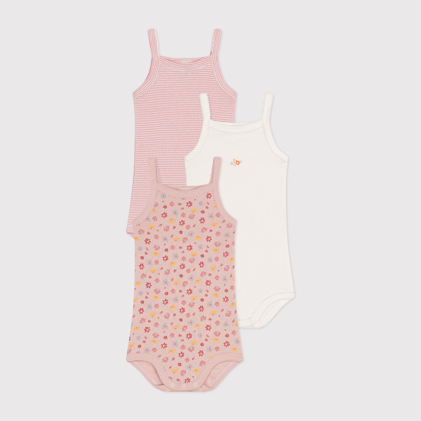 Baby Girls Pink Floral Cotton Babysuit Set(3 Pack)