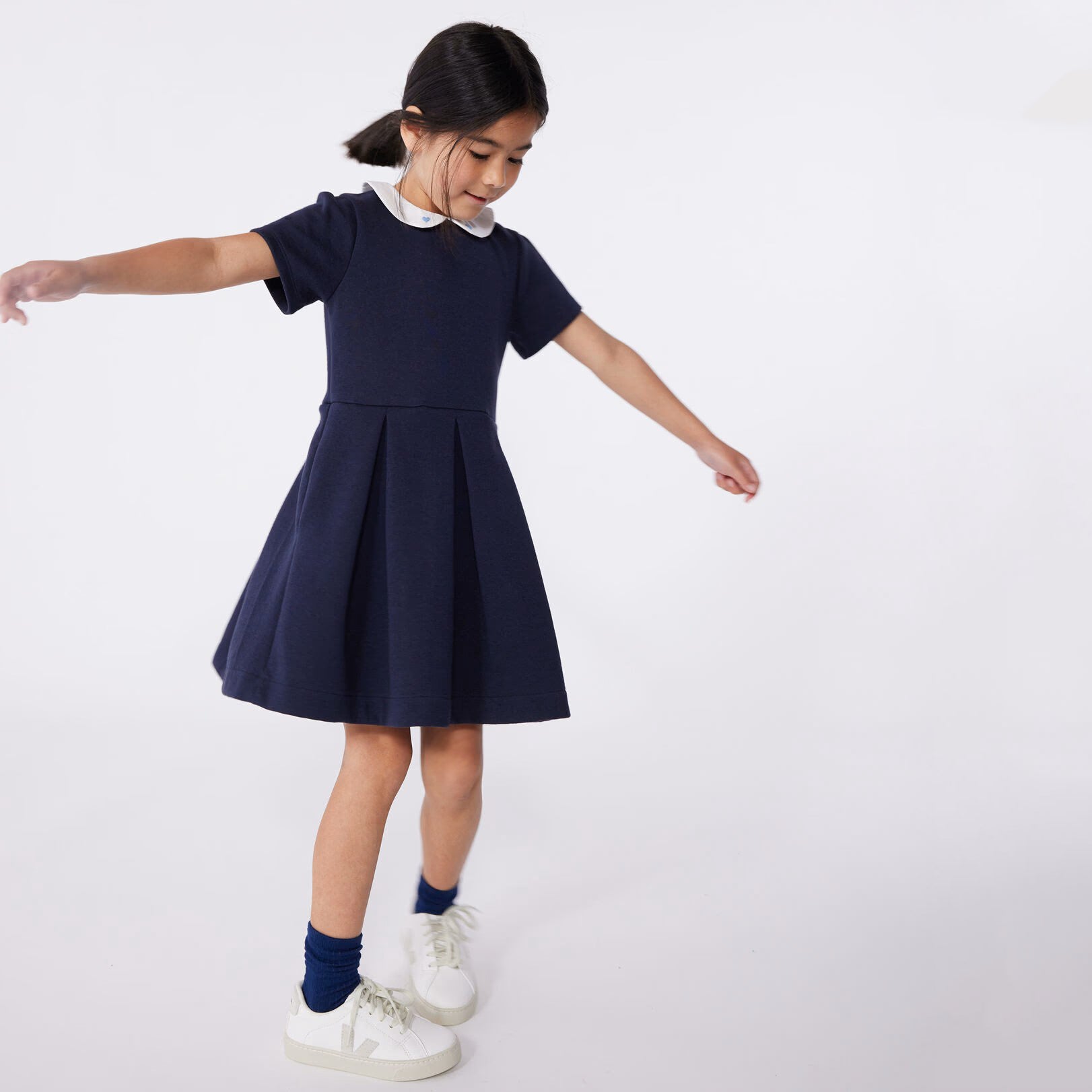 Girls Deep Blue Doll Collar Cotton Dress