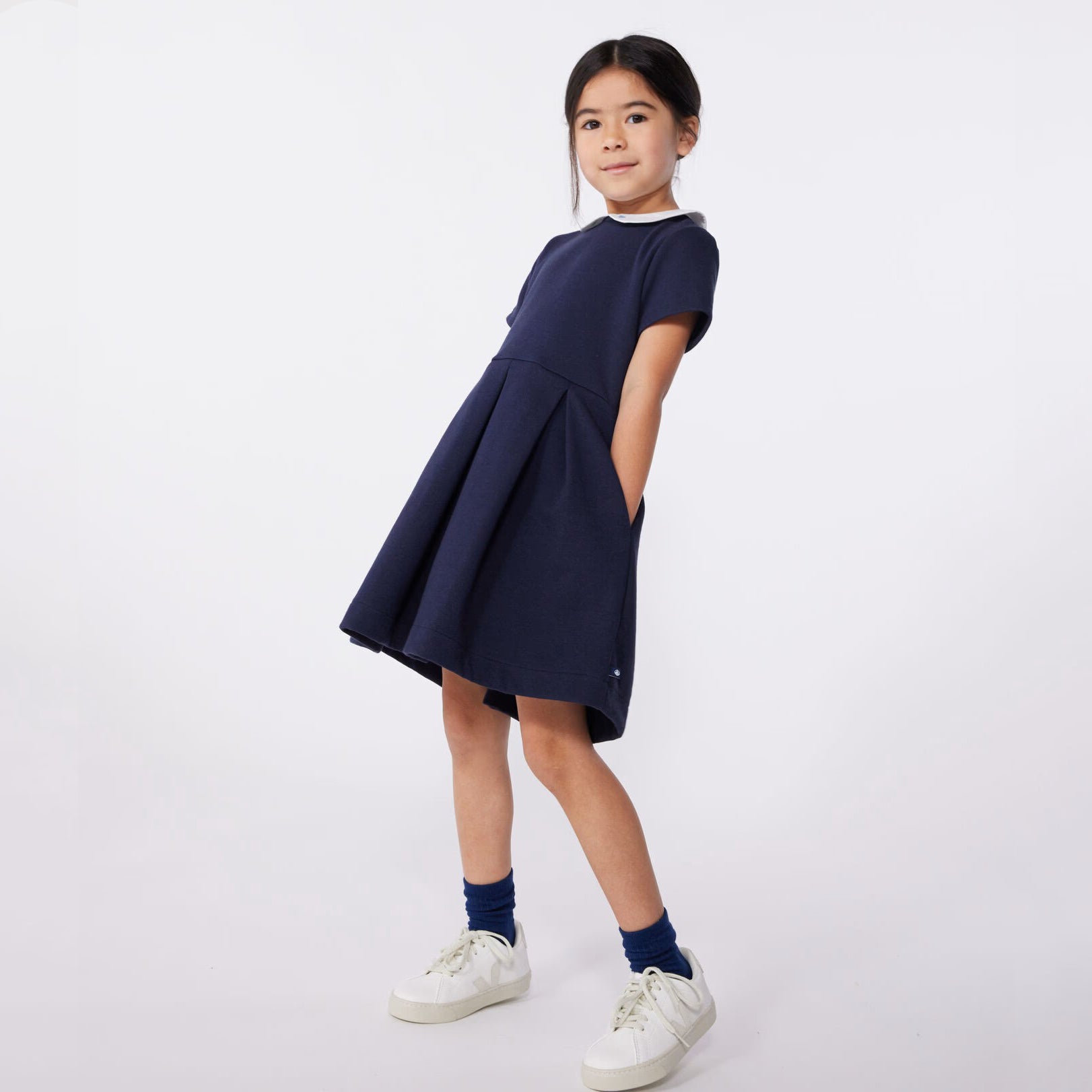 Girls Deep Blue Doll Collar Cotton Dress
