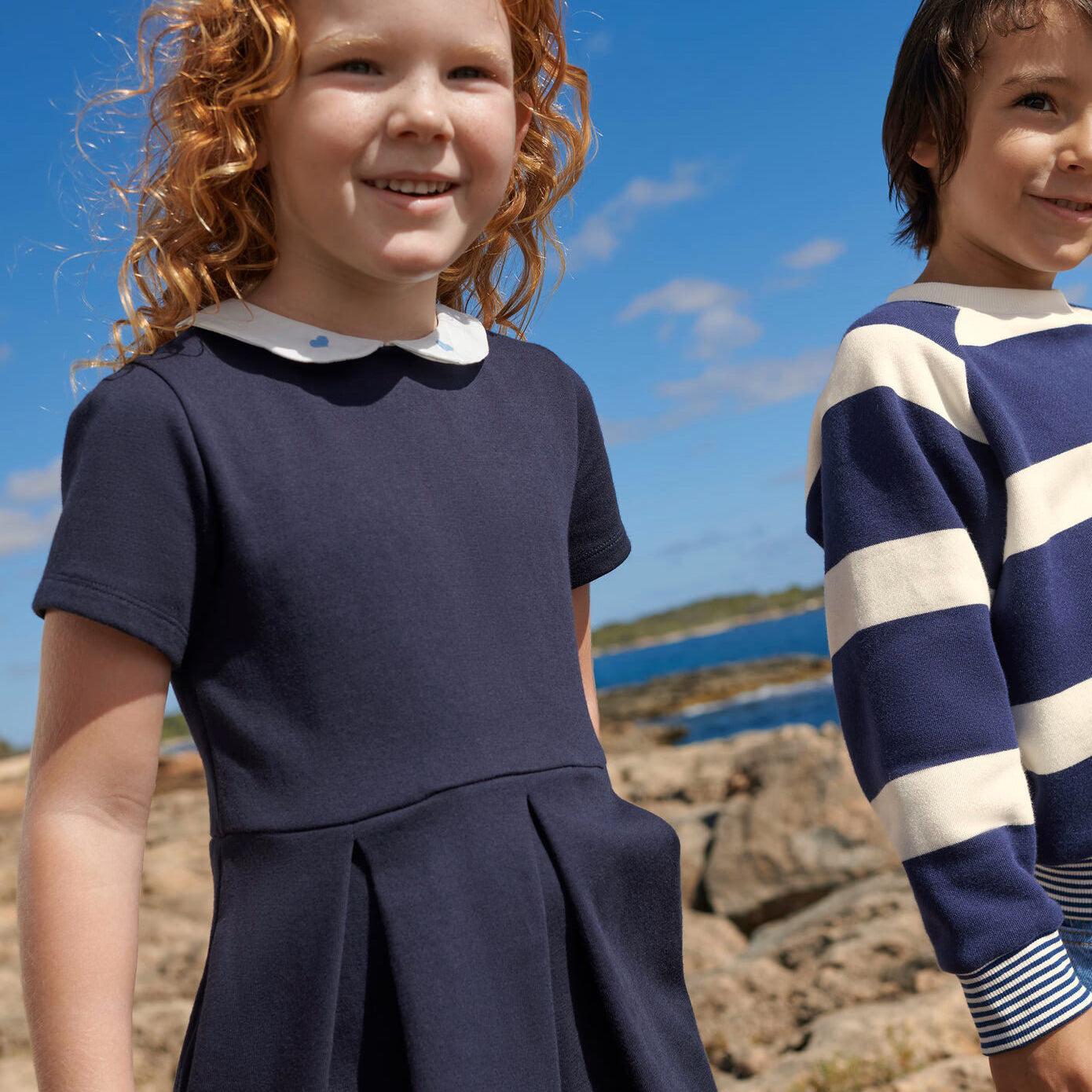 Girls Deep Blue Doll Collar Cotton Dress
