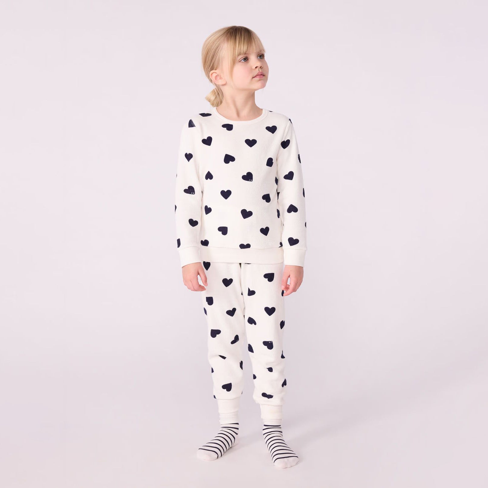 Girls White Heart Printed Cotton Nightwear Set
