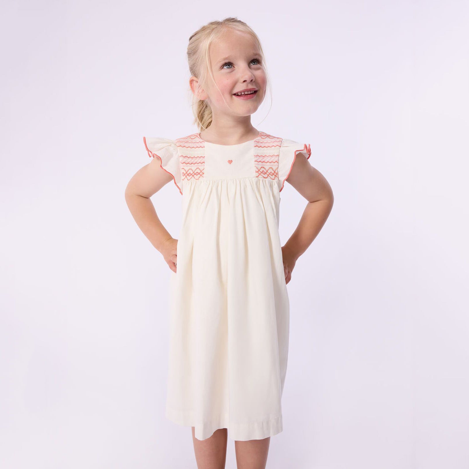 Girls White Ruffled Cotton & Linen Dress